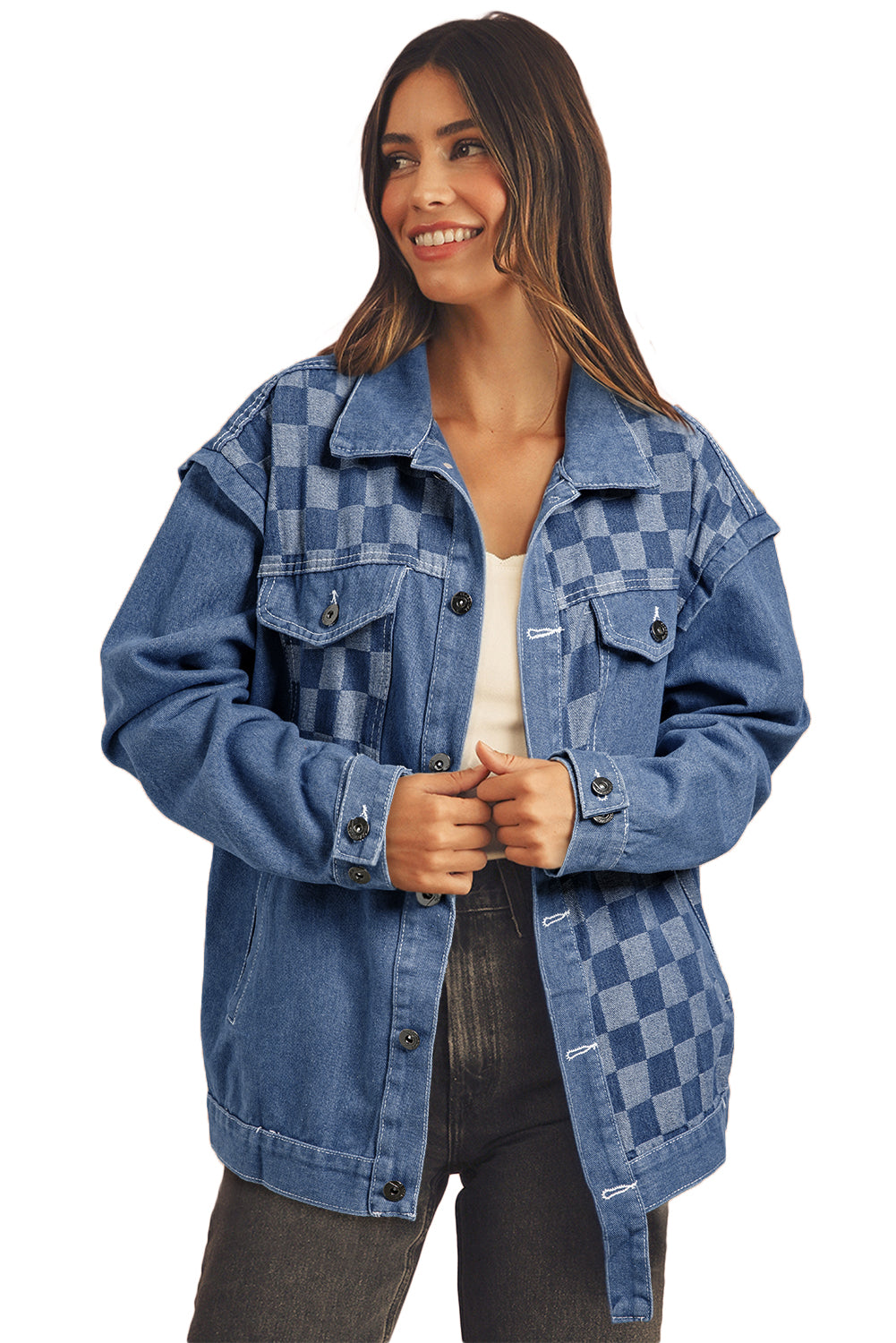 Ashleigh Blue Checkered Patchwork Button Up Denim Jacket-Jackets-[Adult]-[Female]-2022 Online Blue Zone Planet