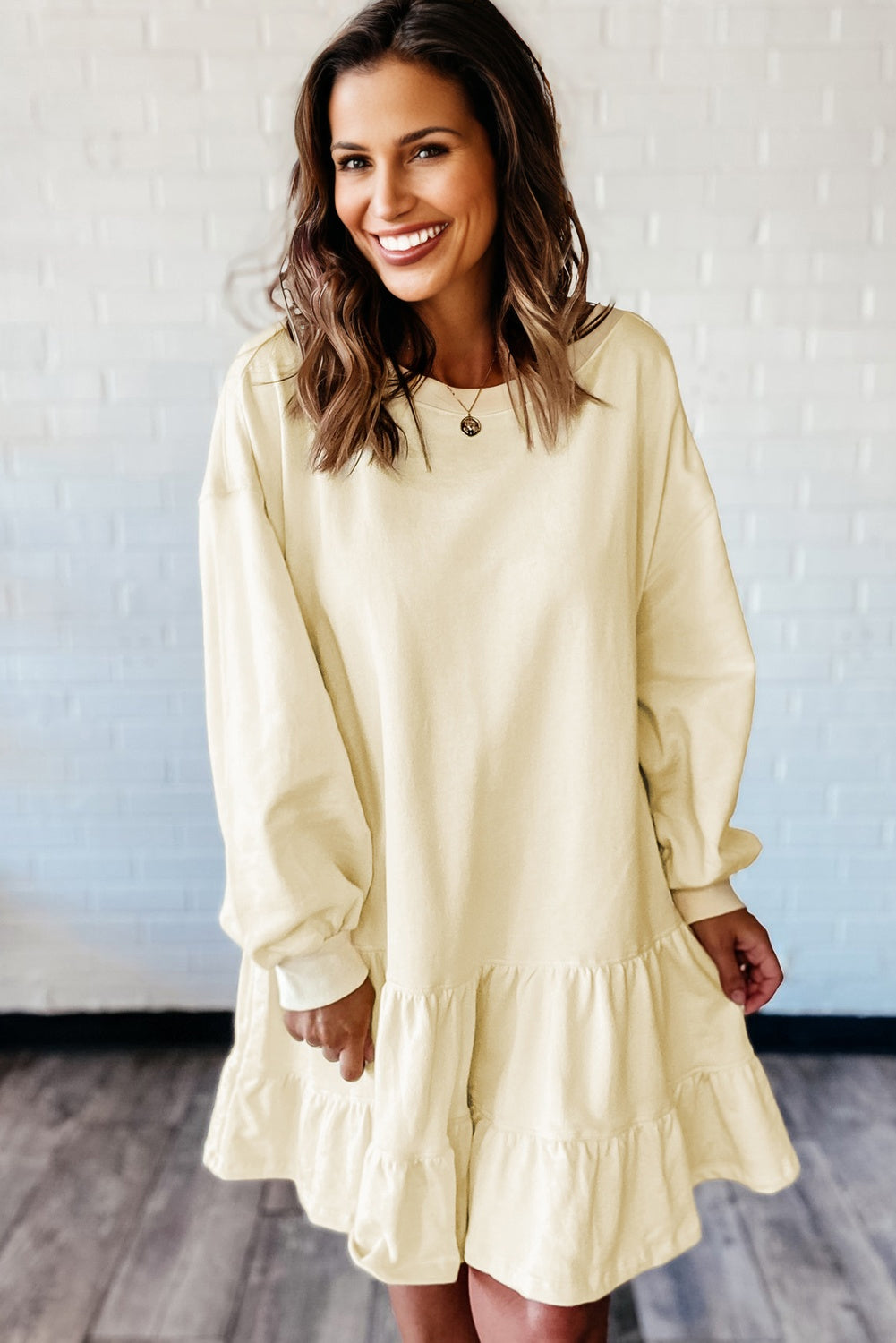 Beige Double Tiered Ruffle Hem Long Sleeve Loose Mini Dress-TOPS / DRESSES-[Adult]-[Female]-2022 Online Blue Zone Planet