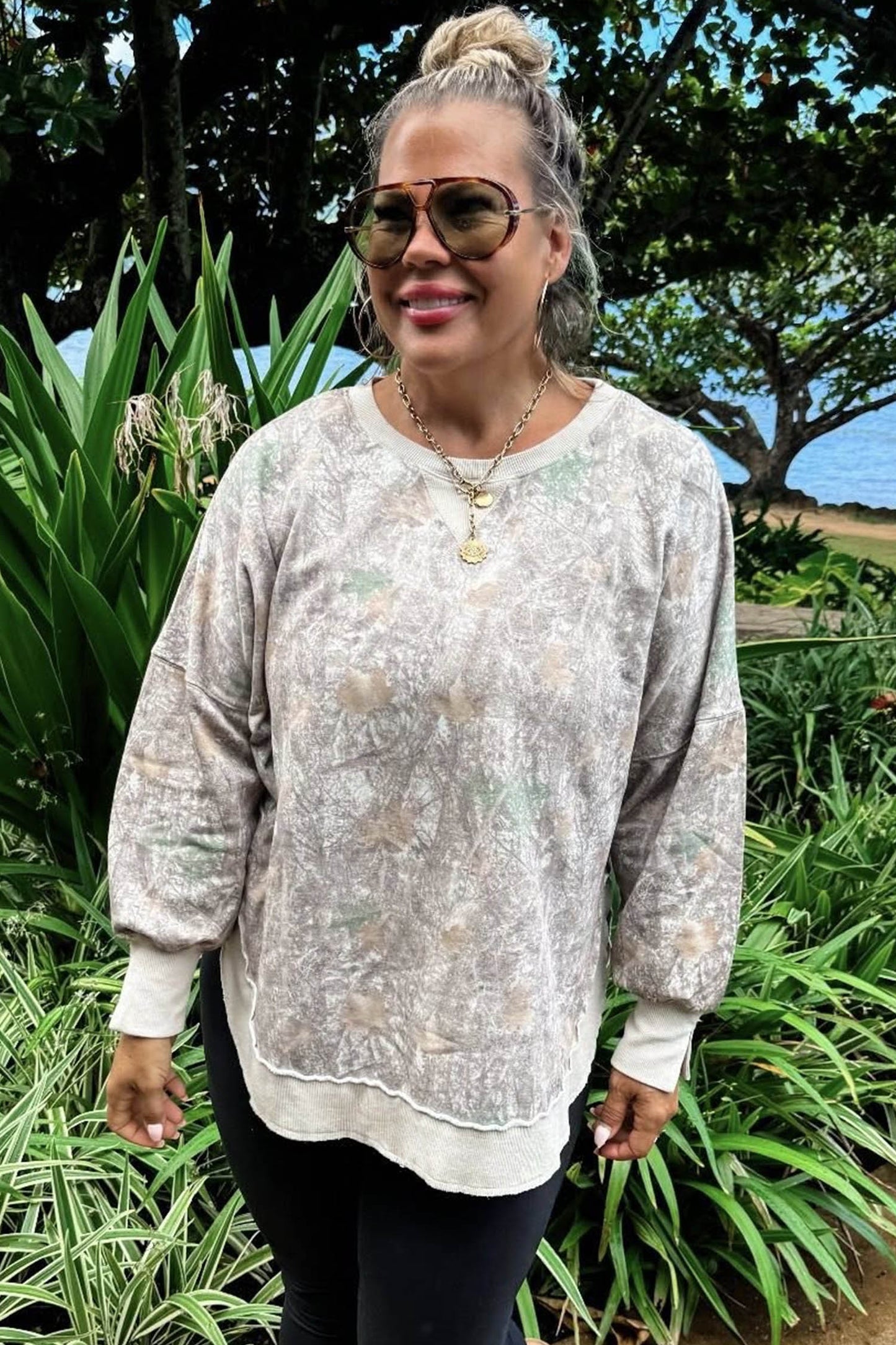 Khaki Camouflage Print Round Neck Long Sleeve Shift Plus Size Sweatshirt-Plus Size/Plus Size Sweatshirts & Hoodies-[Adult]-[Female]-2022 Online Blue Zone Planet