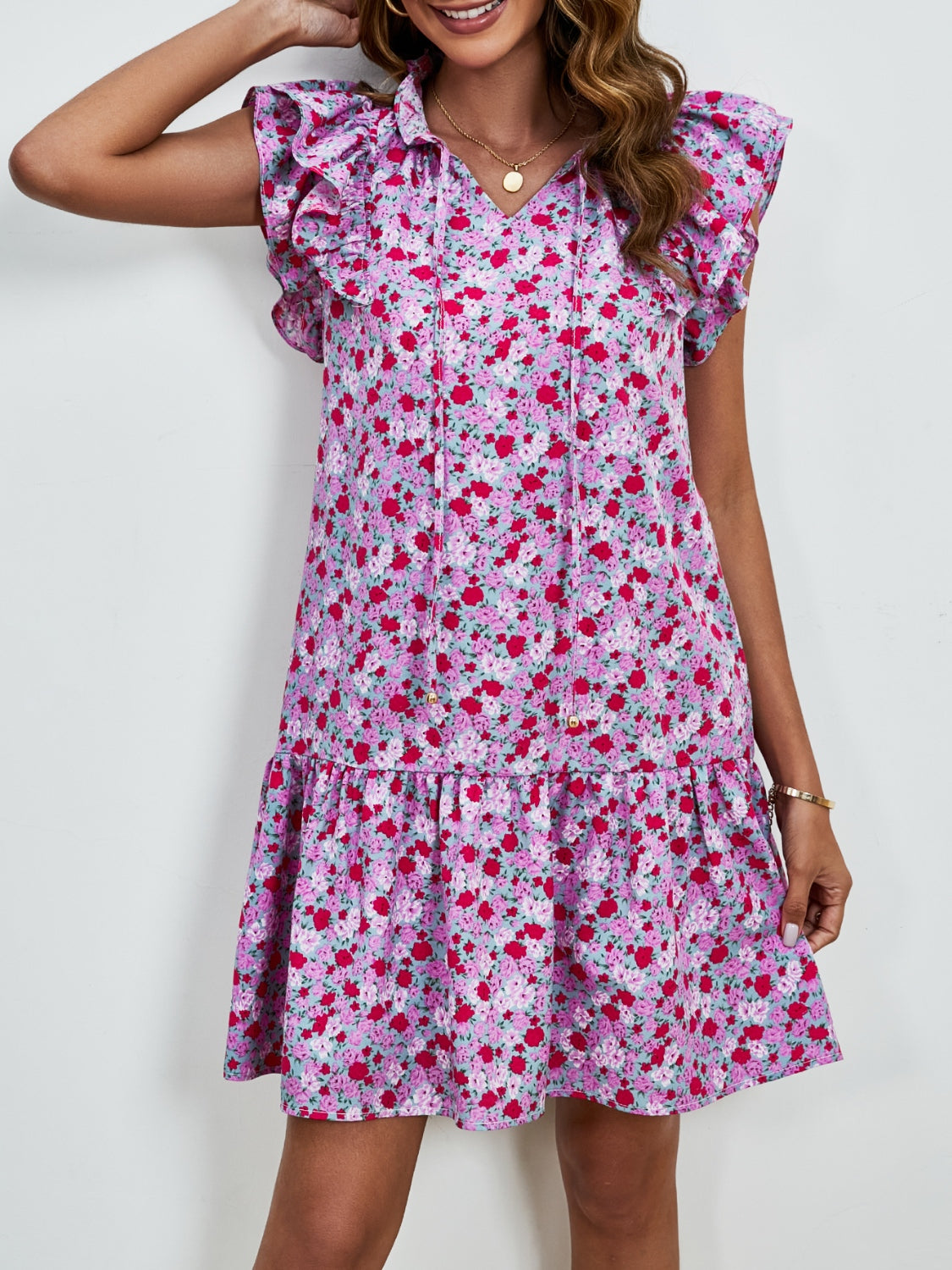 Tied Floral Cap Sleeve Mini Dress-TOPS / DRESSES-[Adult]-[Female]-2022 Online Blue Zone Planet