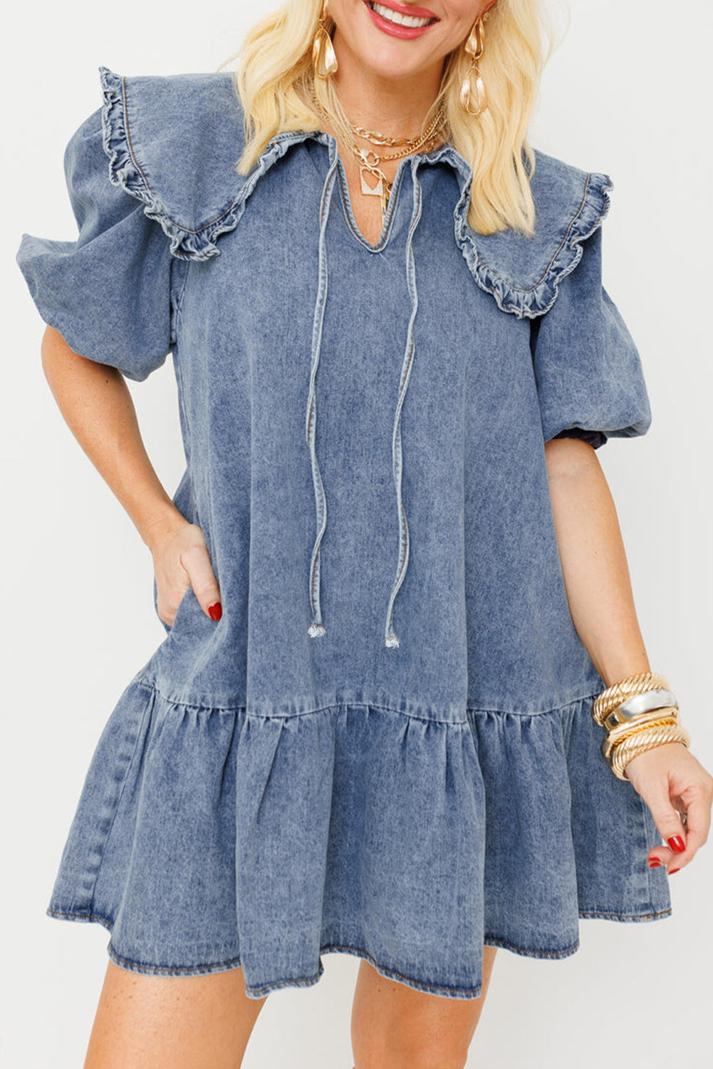 Dusk Blue Ruffled Collared Side Pockets Puff Sleeve Denim Mini Dress-Dresses/Mini Dresses-[Adult]-[Female]-Dusk Blue-S-2022 Online Blue Zone Planet