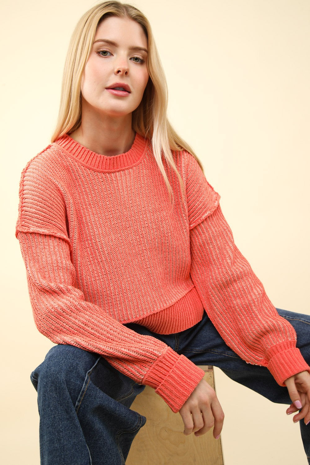 VERY J Exposed Seam Cropped Striped Slit Sweater-TOPS / DRESSES-[Adult]-[Female]-2022 Online Blue Zone Planet