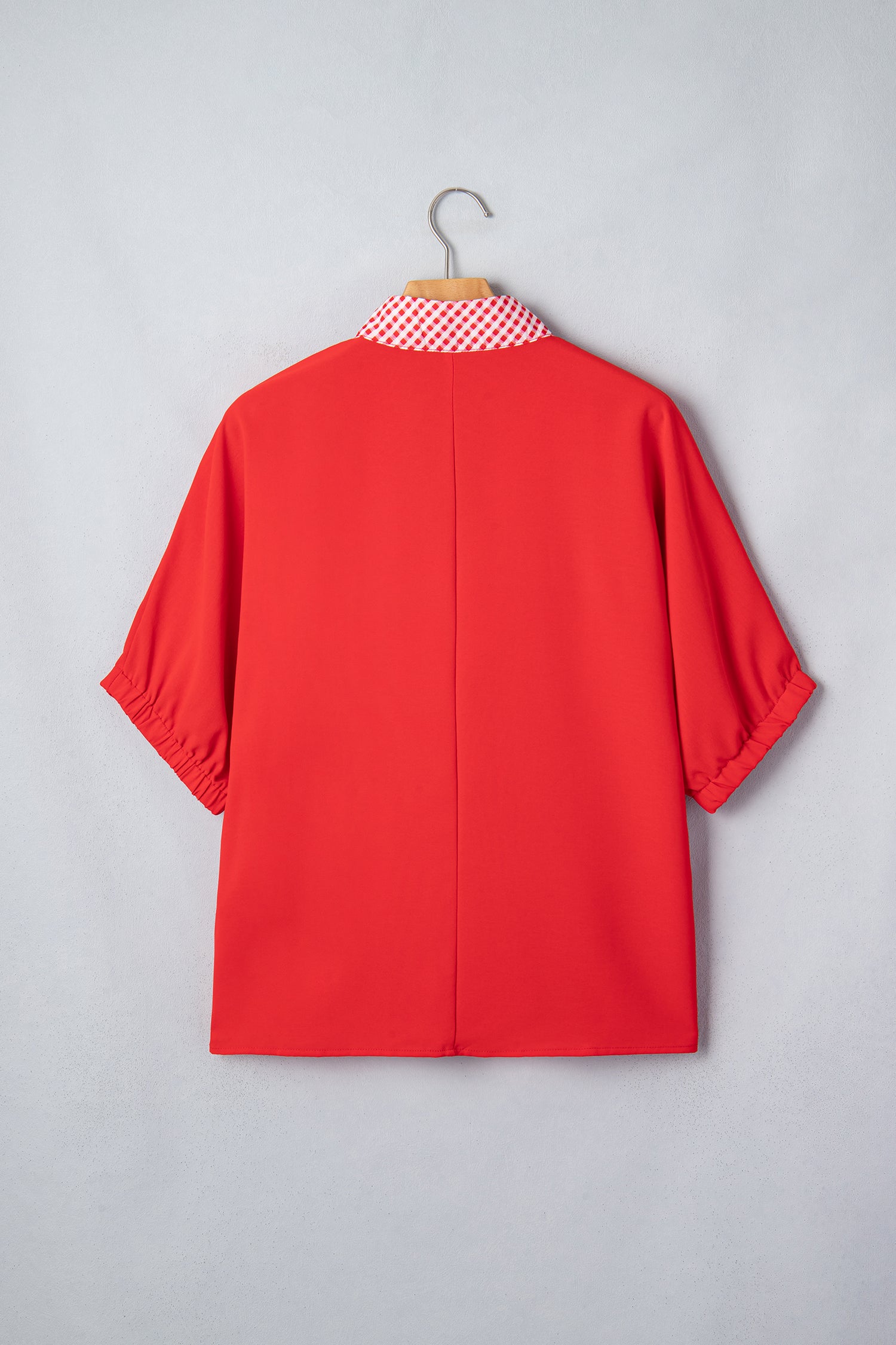 Red V Neck Plaid Collar Short Sleeve Tunic Blouse-Tops/Blouses & Shirts-[Adult]-[Female]-2022 Online Blue Zone Planet