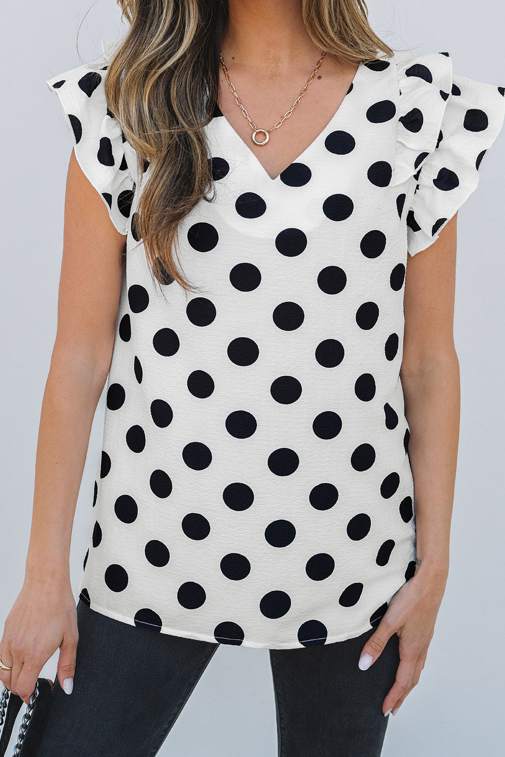 White Polka Dot Print Ruffled Sleeve V Neck Blouse-Tops/Blouses & Shirts-[Adult]-[Female]-2022 Online Blue Zone Planet