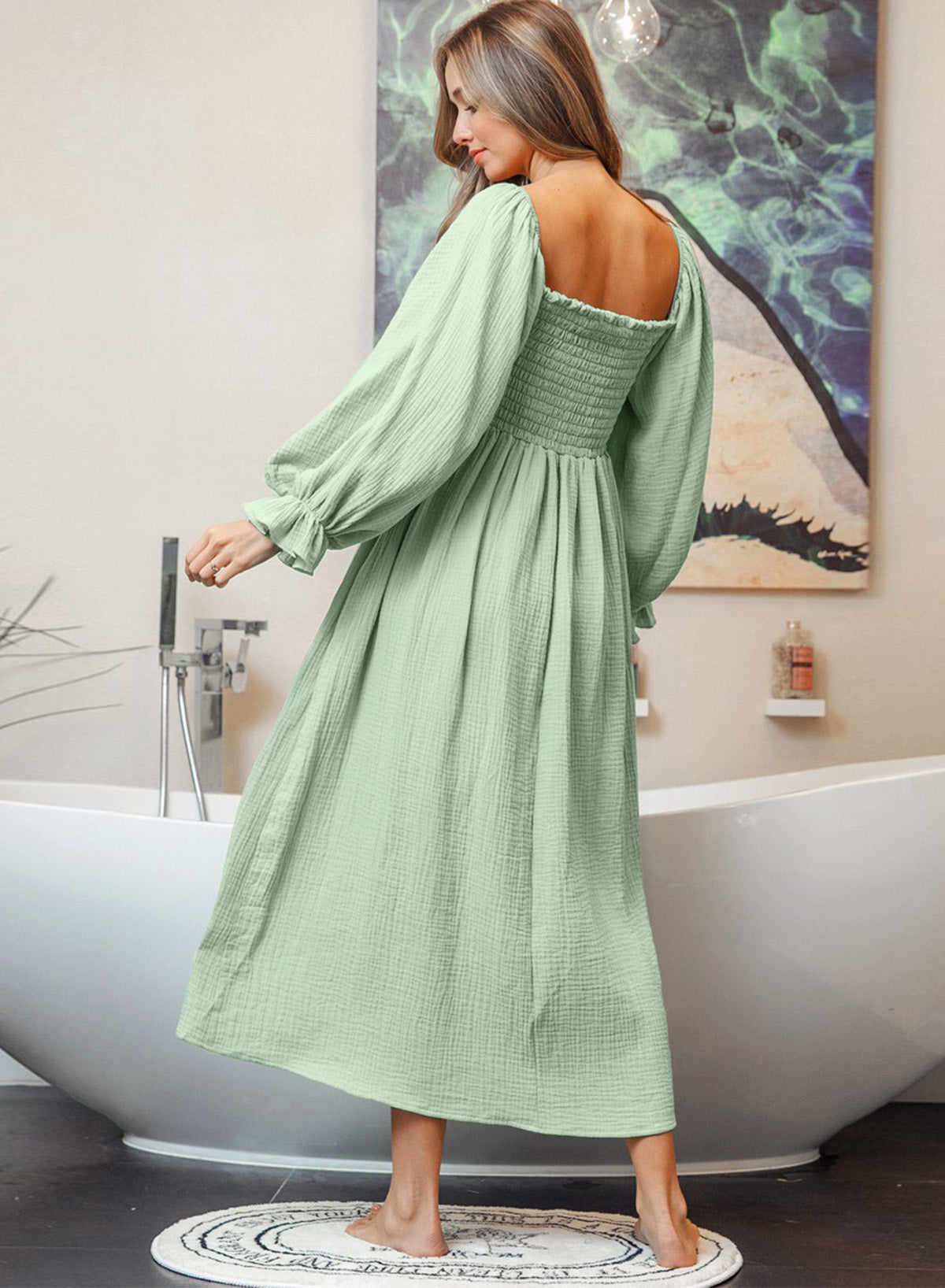 Green Smoked Flounce Sleeve Textured Empire Waist Maxi Dress-Dresses/Maxi Dresses-[Adult]-[Female]-2022 Online Blue Zone Planet