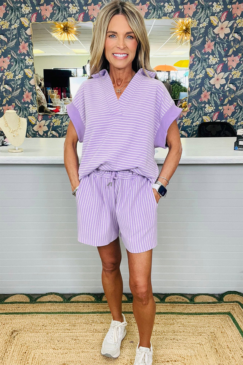 Khaki Stripe Dolman Sleeve Polo Shirt and Drawstring Shorts Set-Two Piece Sets/Short Sets-[Adult]-[Female]-2022 Online Blue Zone Planet
