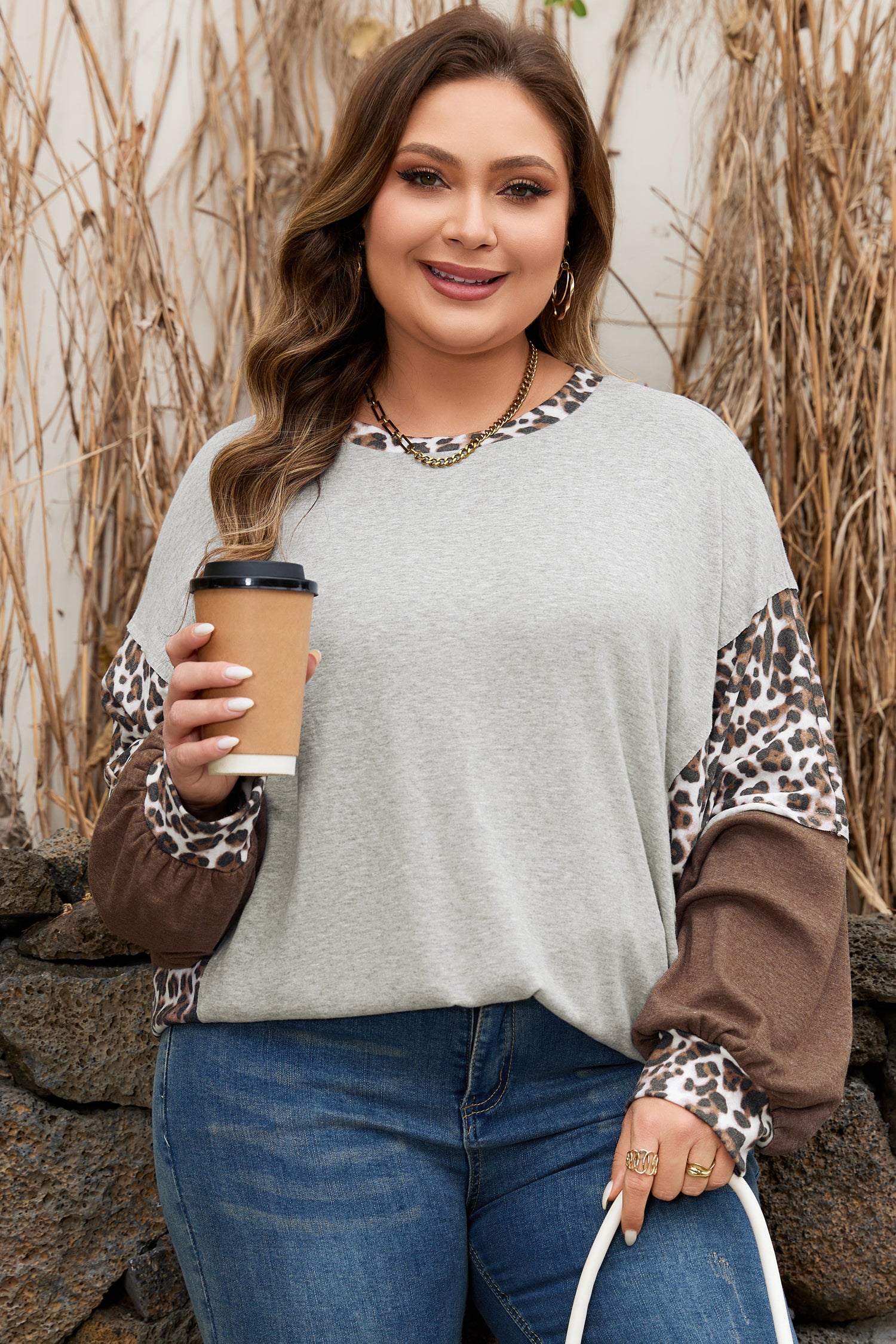 Gray Plus Size Leopard Color Block Patchwork Dolman Sweatshirt-Plus Size/Plus Size Sweatshirts & Hoodies-[Adult]-[Female]-2022 Online Blue Zone Planet