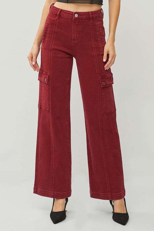 Blue Zone Planet | RISEN Full Size High Rise Wide Leg Cargo Jeans-BOTTOMS SIZES SMALL MEDIUM LARGE-[Adult]-[Female]-Wine-0(24)-2022 Online Blue Zone Planet