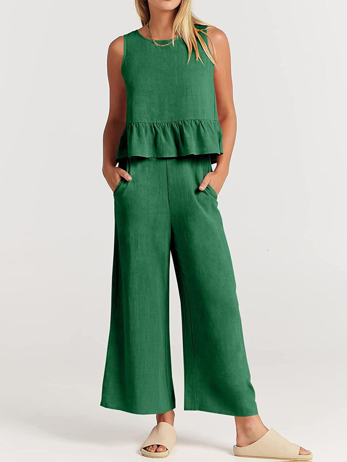 Blue Zone Planet | Full Size Round Neck Top and Wide Leg Pants Set-TOPS / DRESSES-[Adult]-[Female]-Dark Green-S-2022 Online Blue Zone Planet