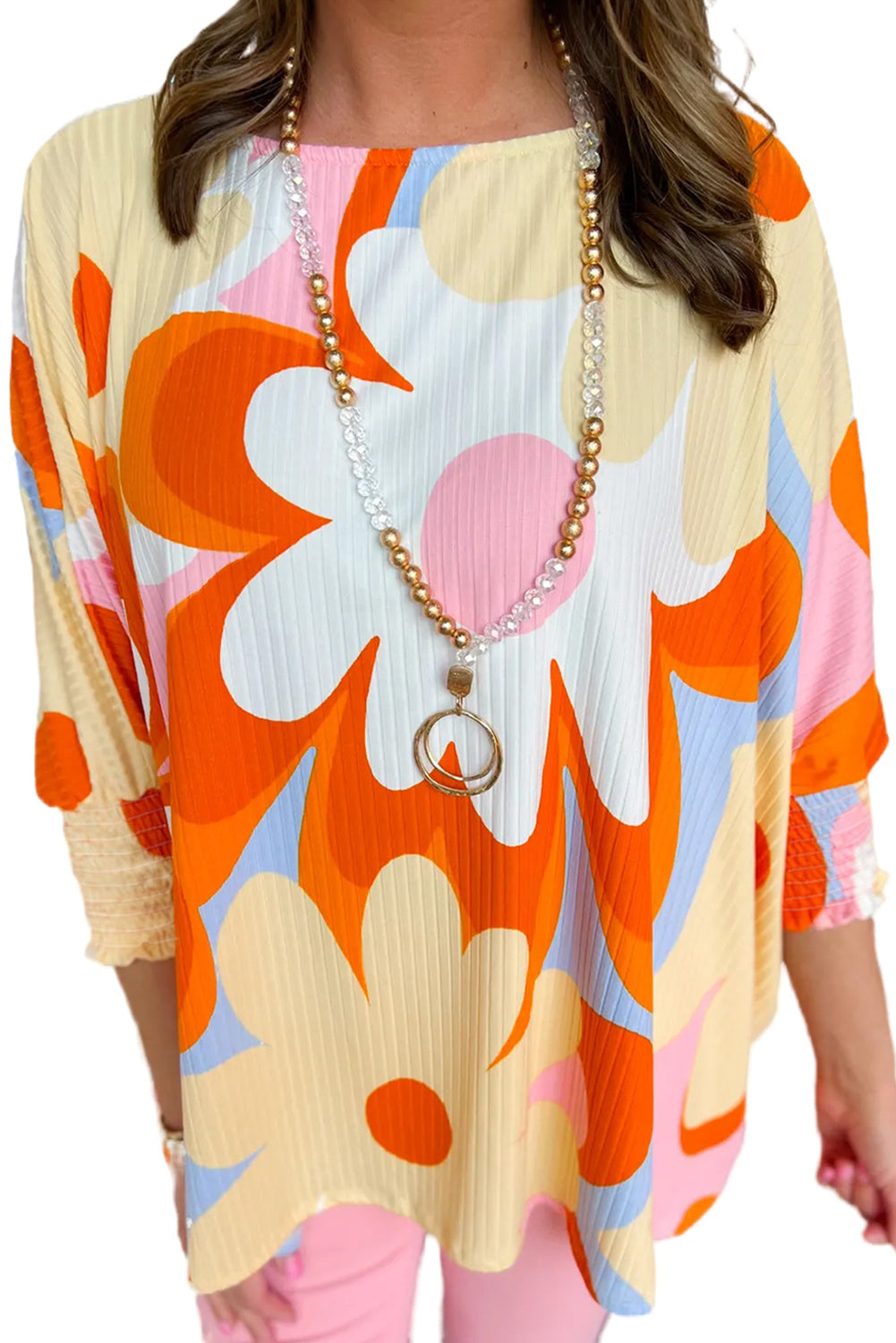 Yellow Ribbed Floral Printed Shirred 3/4 Sleeve Blouse-Tops/Blouses & Shirts-[Adult]-[Female]-2022 Online Blue Zone Planet