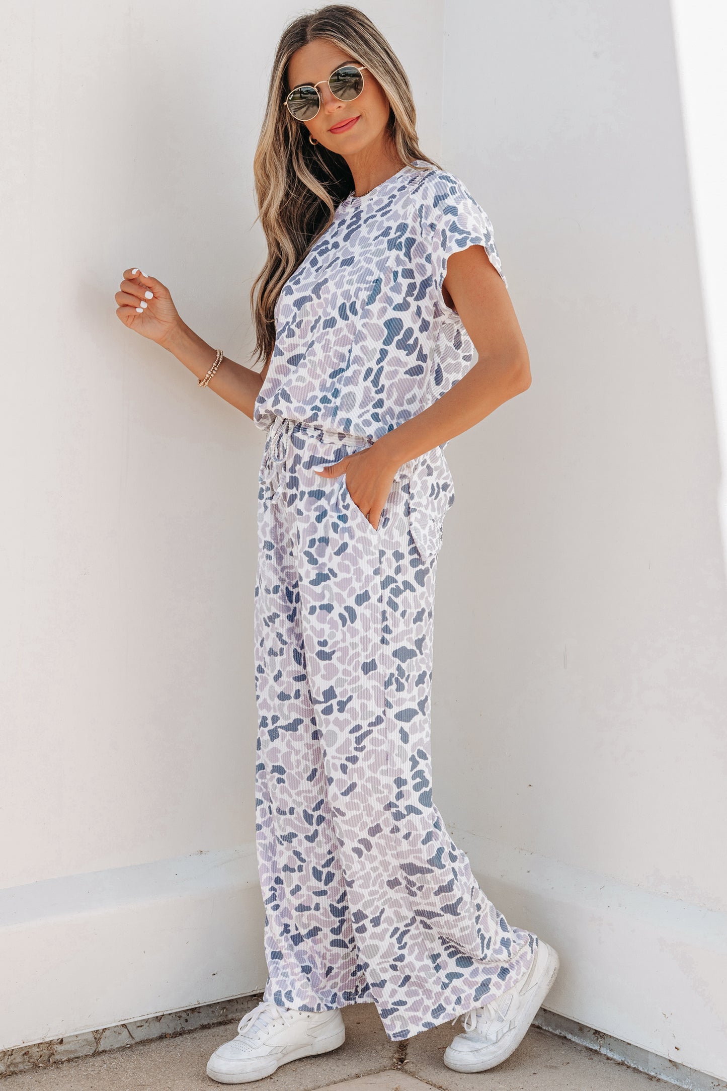 Beige Camouflage Print Twisted Rib Loose Tee Drawstring Pants Set-Two Piece Sets/Pant Sets-[Adult]-[Female]-2022 Online Blue Zone Planet