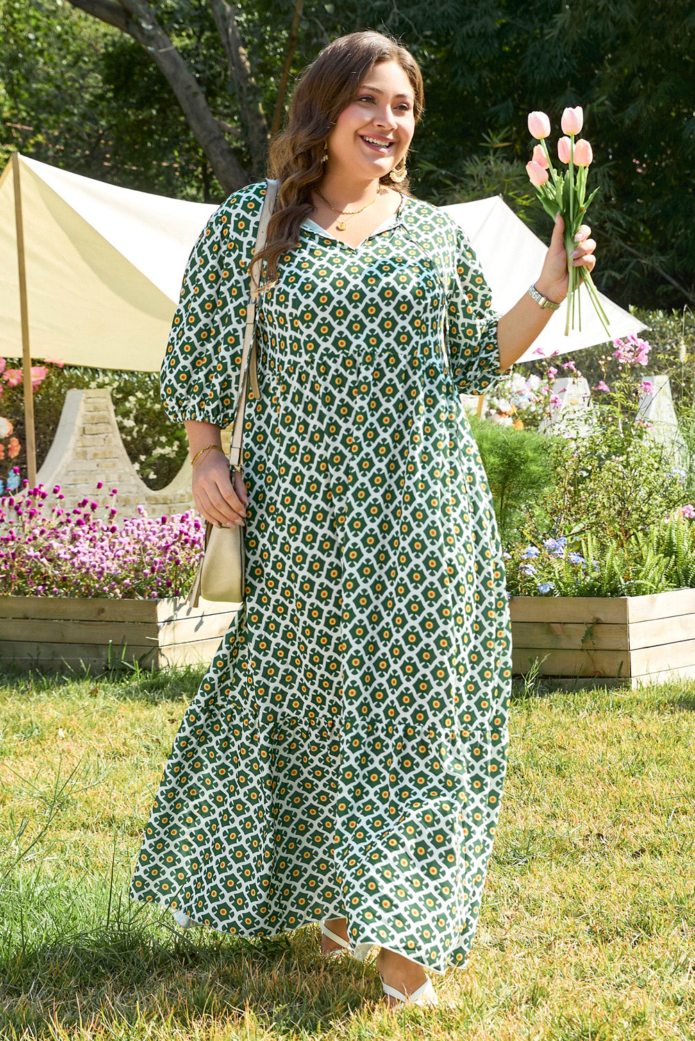Green Geometric Floral Print Half Sleeve Plus Size Maxi Dress-TOPS / DRESSES-[Adult]-[Female]-2022 Online Blue Zone Planet