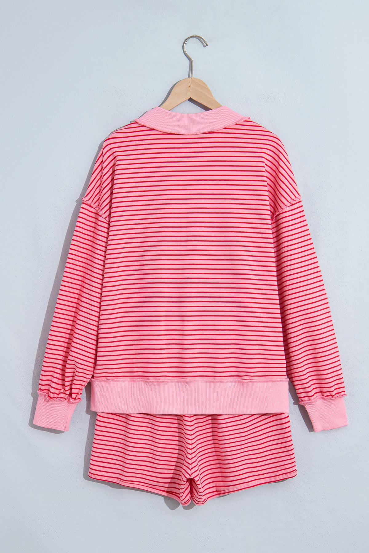 Blue Stripe Ribbed Patchwork Mock Neck Baggy Pullover Matching Shorts Set-Two Piece Sets/Short Sets-[Adult]-[Female]-2022 Online Blue Zone Planet