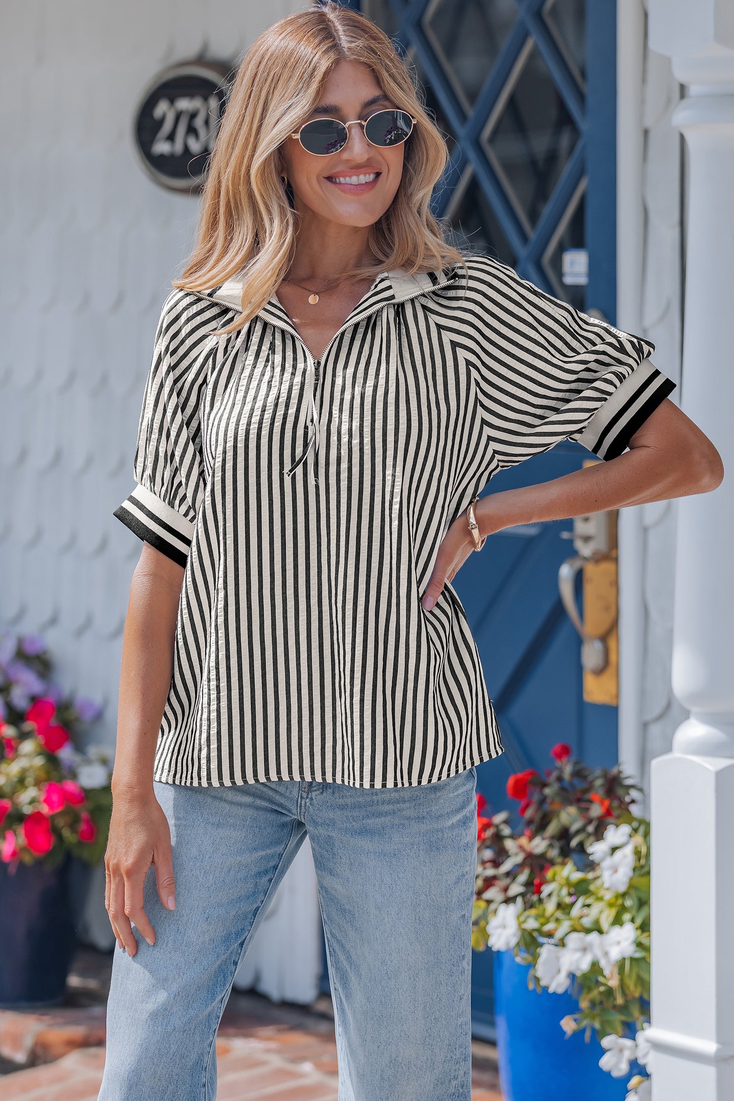 Black Stripe Polo Collar Half Zip Short Puff Sleeve Blouse-Tops/Blouses & Shirts-[Adult]-[Female]-2022 Online Blue Zone Planet