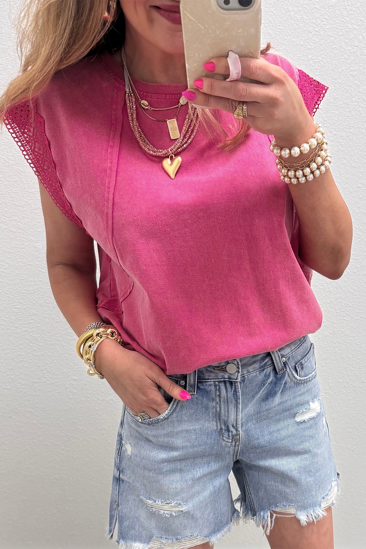 Pink Mineral Wash Raw Seam Detail Lace Trim Cap Sleeve Top-Tops/Tops & Tees-[Adult]-[Female]-Pink-S-2022 Online Blue Zone Planet