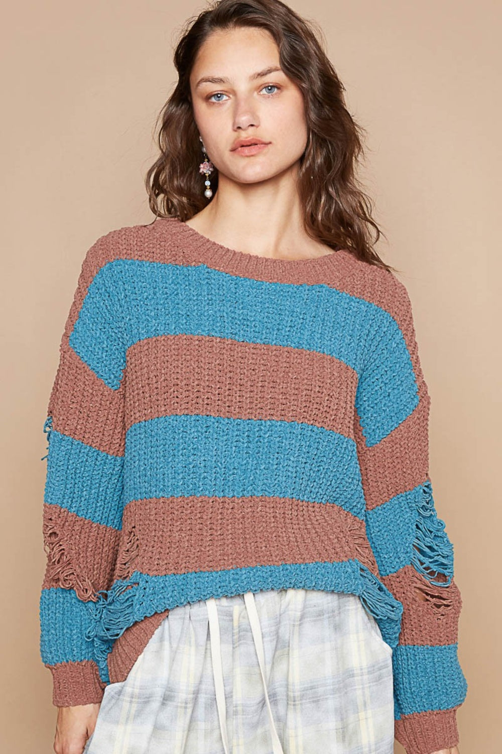 POL Striped Distressed Long Sleeve Sweater-TOPS / DRESSES-[Adult]-[Female]-Choco/Teal-S-2022 Online Blue Zone Planet