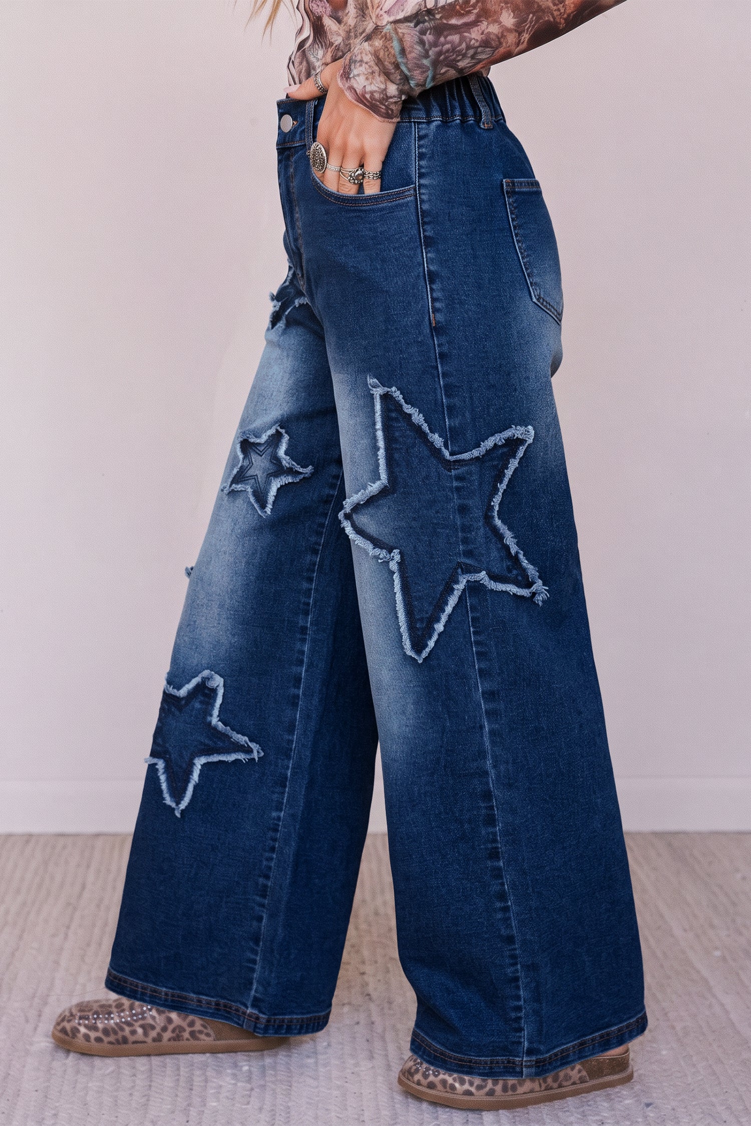 Ashleigh Blue Star Decorated Wide Leg Jeans-Bottoms/Jeans-[Adult]-[Female]-2022 Online Blue Zone Planet