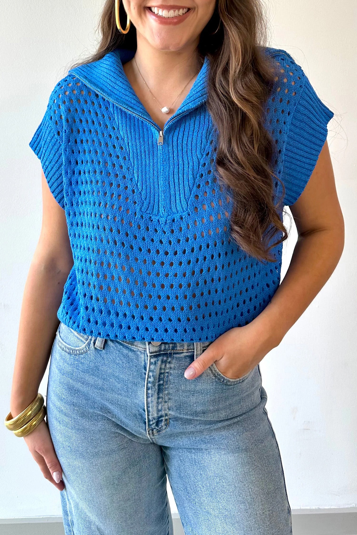 Sky Blue Solid Color Hollowed Knit Short Sleeve Zipper Collar Knitwear Top-Sweaters & Cardigans/Short Sleeve Sweaters-[Adult]-[Female]-2022 Online Blue Zone Planet