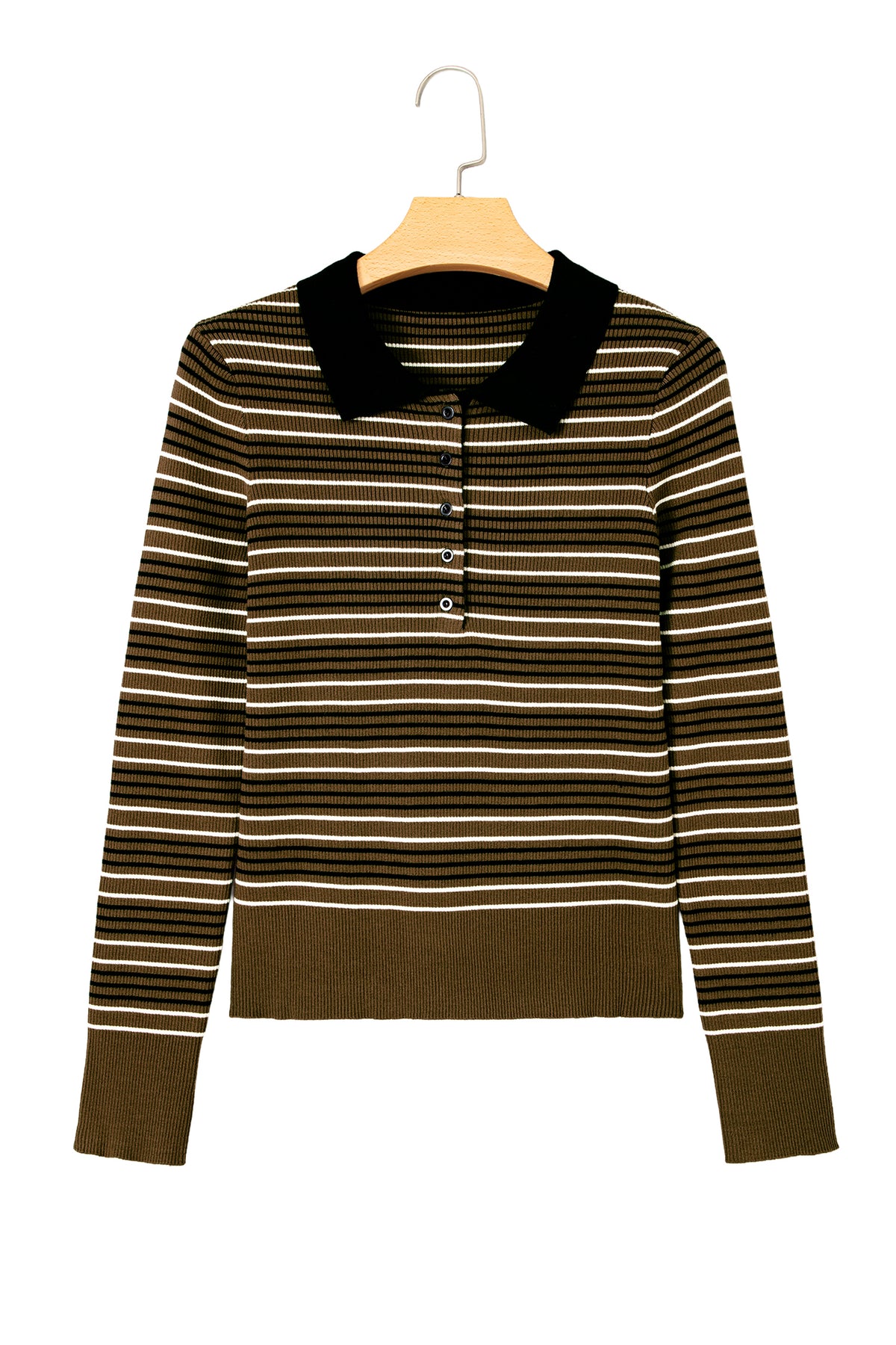 Green Stripe Striped Ribbed Knit Button Collar Sweater-TOPS / DRESSES-[Adult]-[Female]-2022 Online Blue Zone Planet