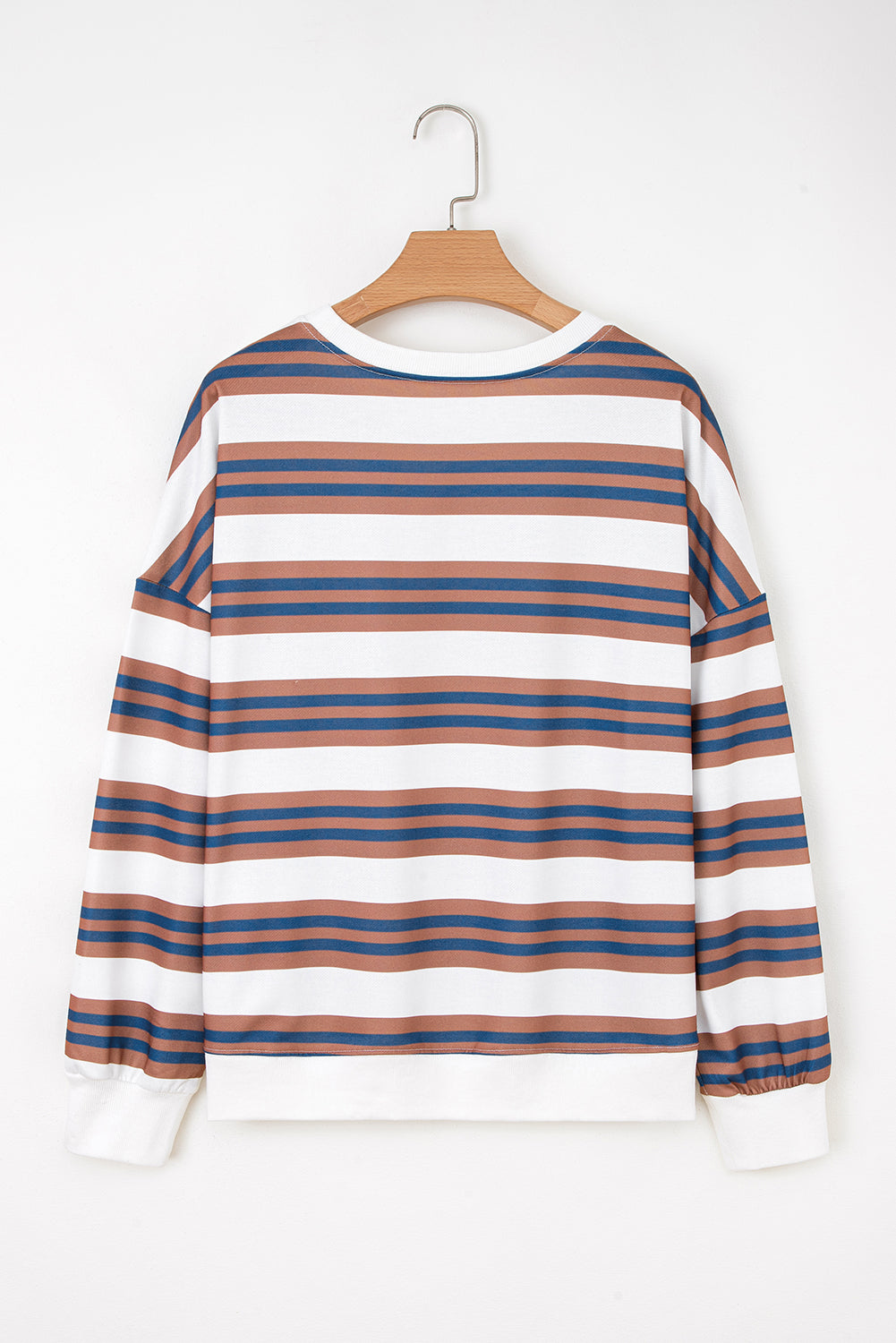 Brown Stripe Crew Neck Drop Shoulder Pullover Sweatshirt-Tops/Sweatshirts & Hoodies-[Adult]-[Female]-2022 Online Blue Zone Planet