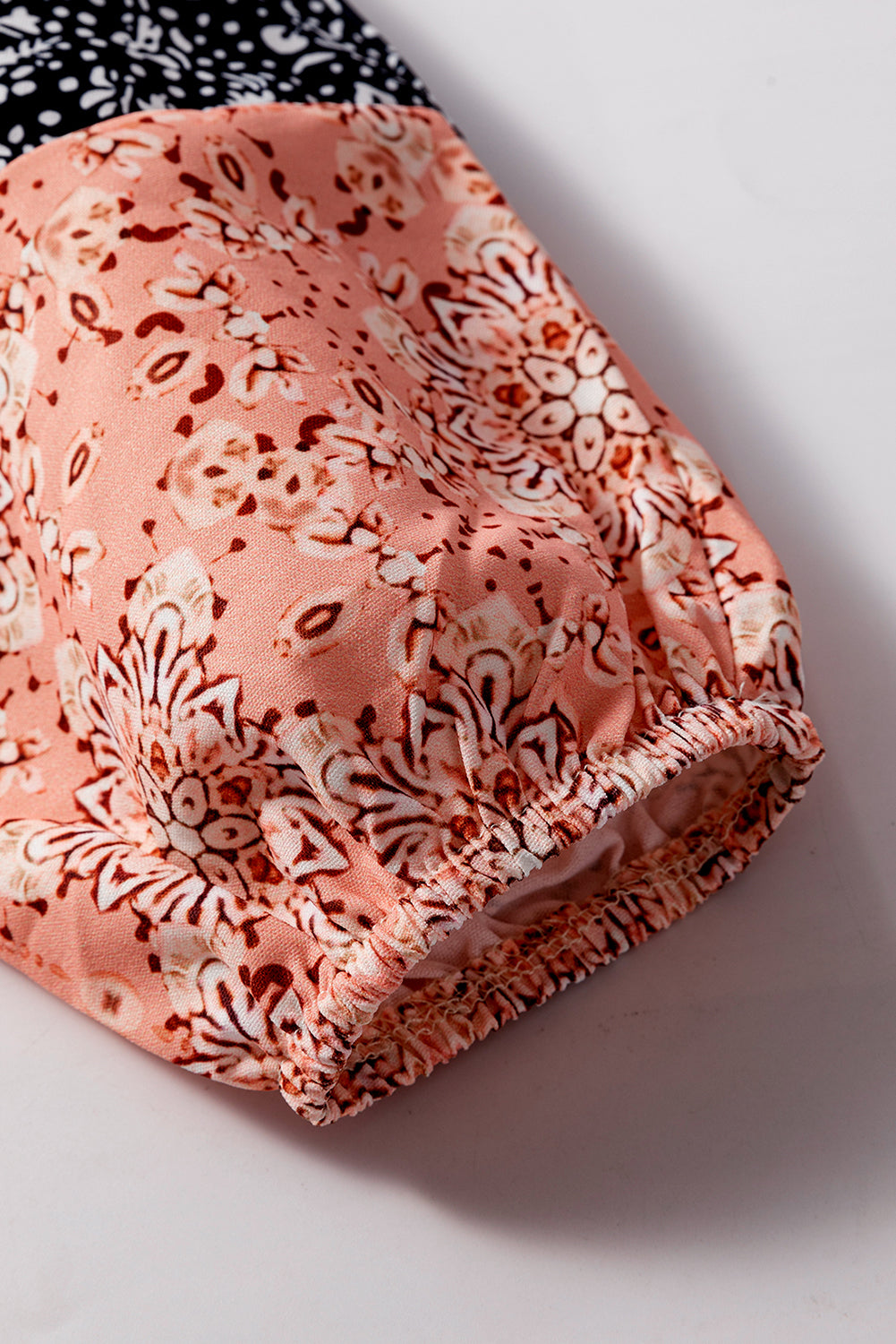 Blue Zone Planet | Dusty Pink Floral Patchwork Textured Knit Drawstring V Neck Blouse-Tops/Blouses & Shirts-[Adult]-[Female]-2022 Online Blue Zone Planet