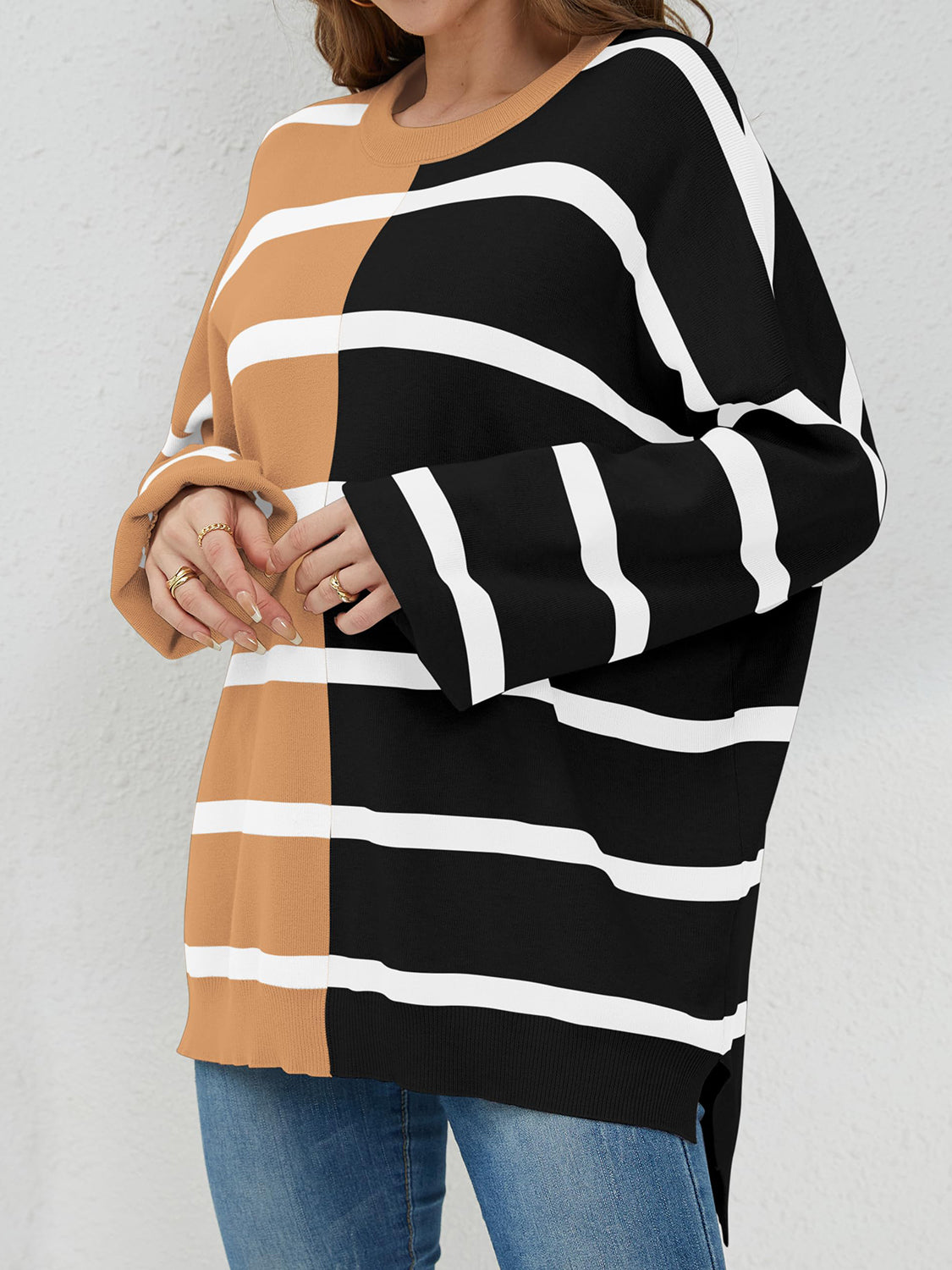 Striped Round Neck Long Sleeve Sweater-TOPS / DRESSES-[Adult]-[Female]-2022 Online Blue Zone Planet