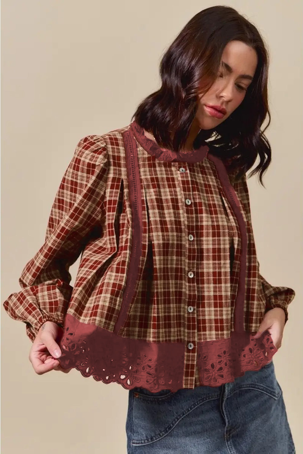 Red Dahlia Plaid Eyelet Lace Trim Button Down Loose Long Sleeve Shirt-Tops/Blouses & Shirts-[Adult]-[Female]-2022 Online Blue Zone Planet