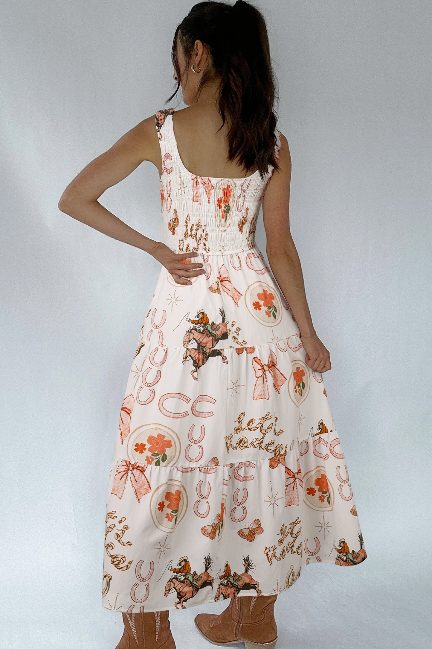 White Western Horseshoe Print U-Neck Sleeveless Midi Dress-TOPS / DRESSES-[Adult]-[Female]-2022 Online Blue Zone Planet