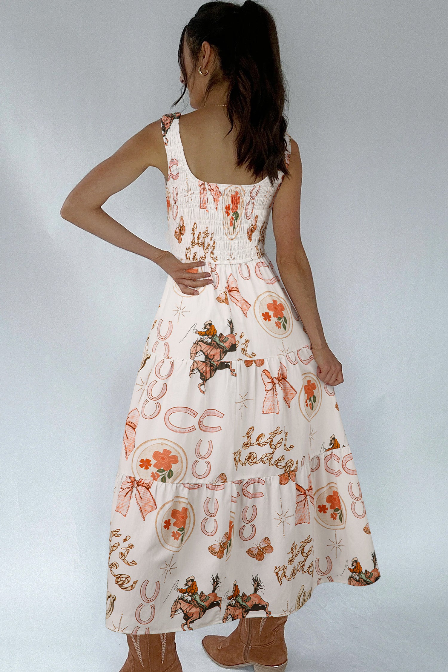 White Western Horseshoe Print U-Neck Sleeveless Midi Dress-TOPS / DRESSES-[Adult]-[Female]-2022 Online Blue Zone Planet