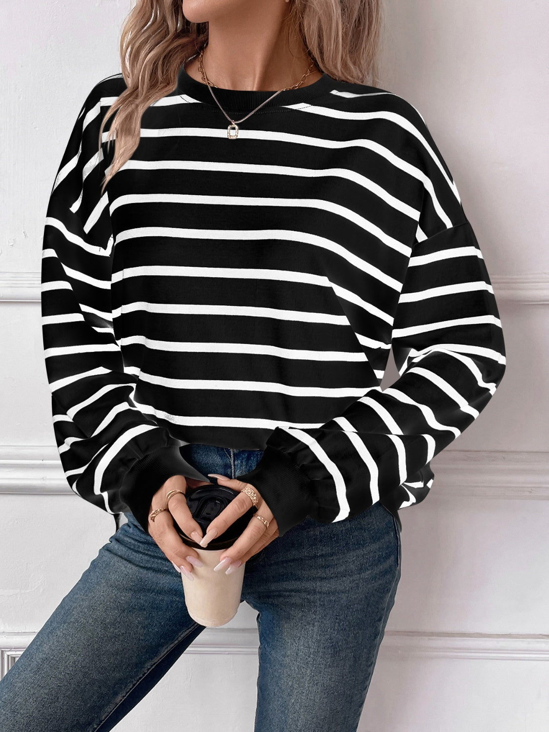 Blue Zone Planet | Lovelet Striped Round Neck Long Sleeve Sweatshirt-TOPS / DRESSES-[Adult]-[Female]-2022 Online Blue Zone Planet