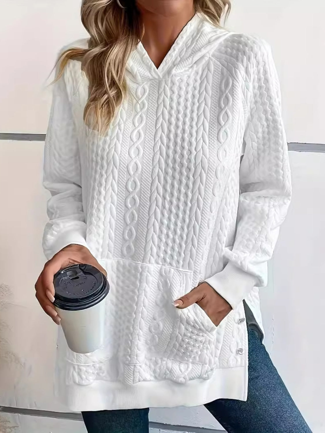 Plus Size Texture Long Sleeve Hoodie-TOPS / DRESSES-[Adult]-[Female]-White-XL-2022 Online Blue Zone Planet