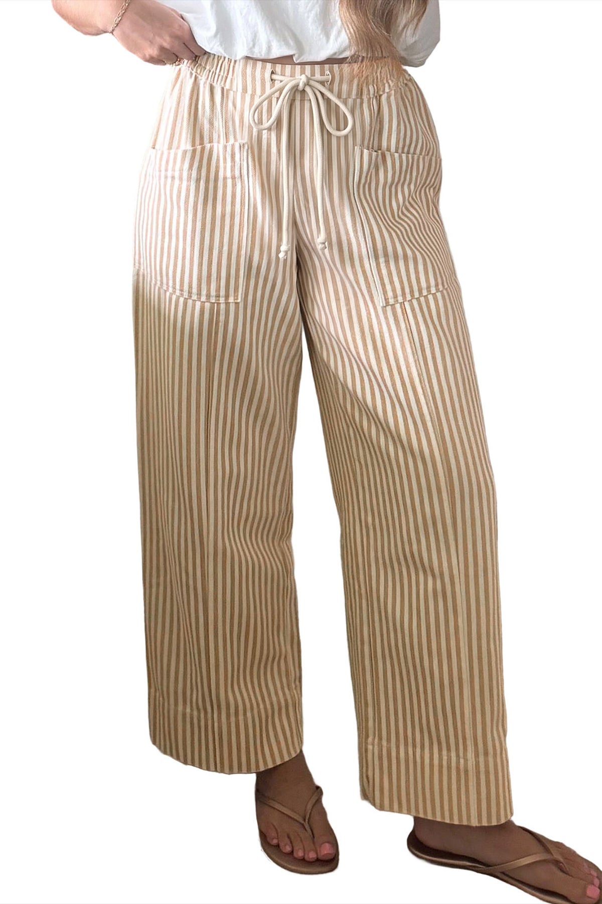 Apricot Stripe Ribbon Drawstring Waist Full-Length Shift Pant-Bottoms/Pants & Culotte-[Adult]-[Female]-2022 Online Blue Zone Planet