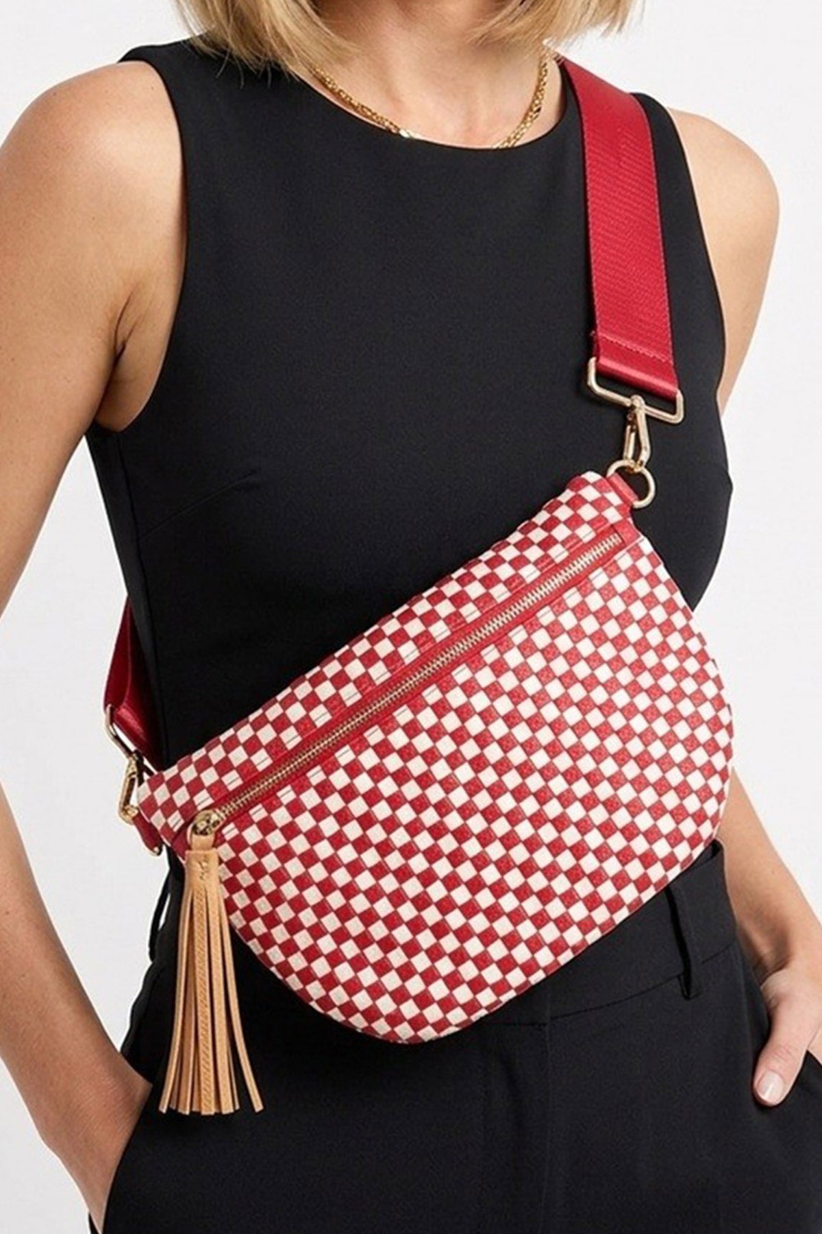 White Checkered Woven PU Leather Crossbody Bag Adjustable Strap Large Size-Shoes & Bags/Crossbody Bags-[Adult]-[Female]-Fiery Red-ONE SIZE-2022 Online Blue Zone Planet