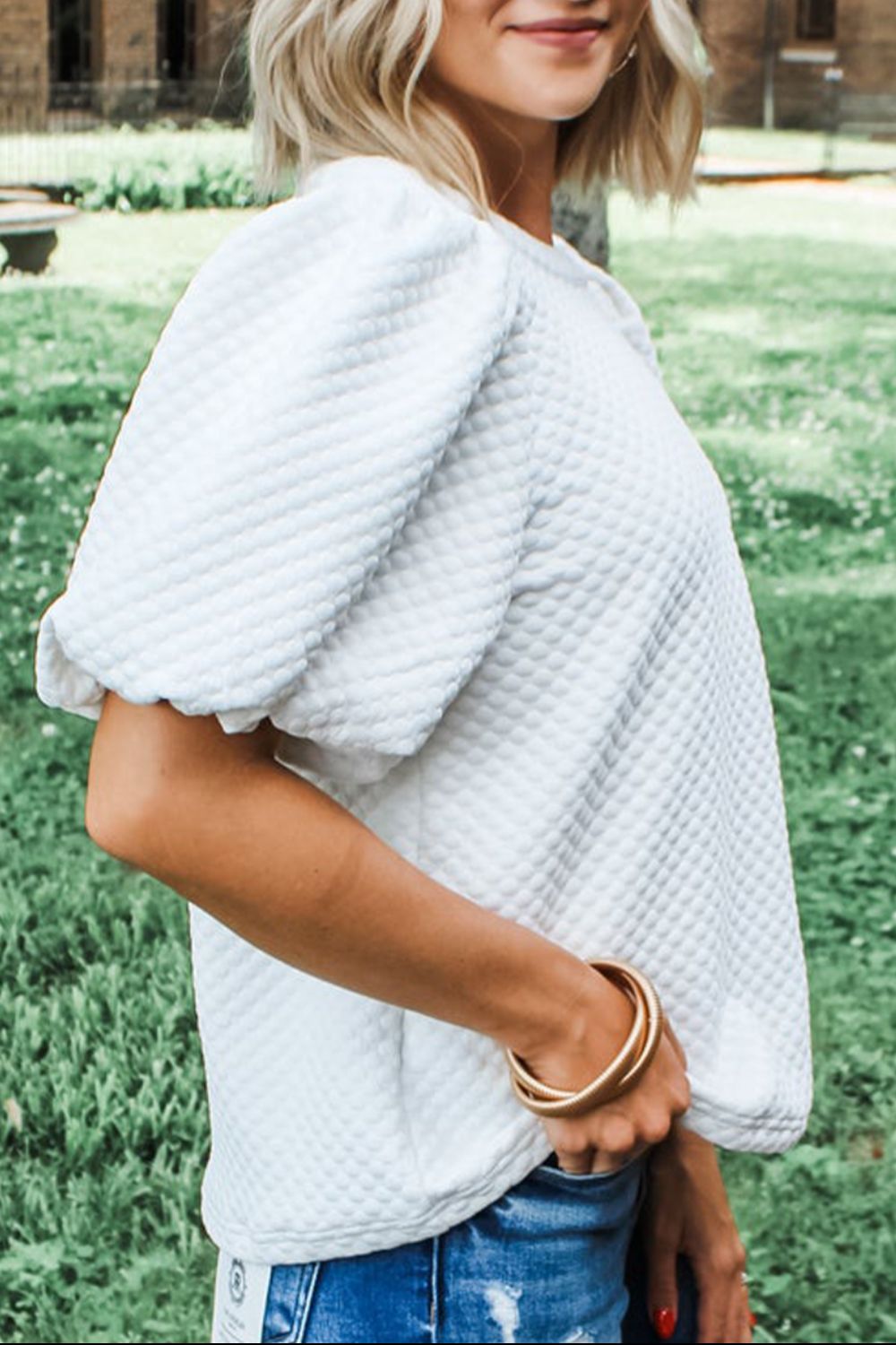 Textured Round Neck Puff Sleeve Blouse-TOPS / DRESSES-[Adult]-[Female]-2022 Online Blue Zone Planet