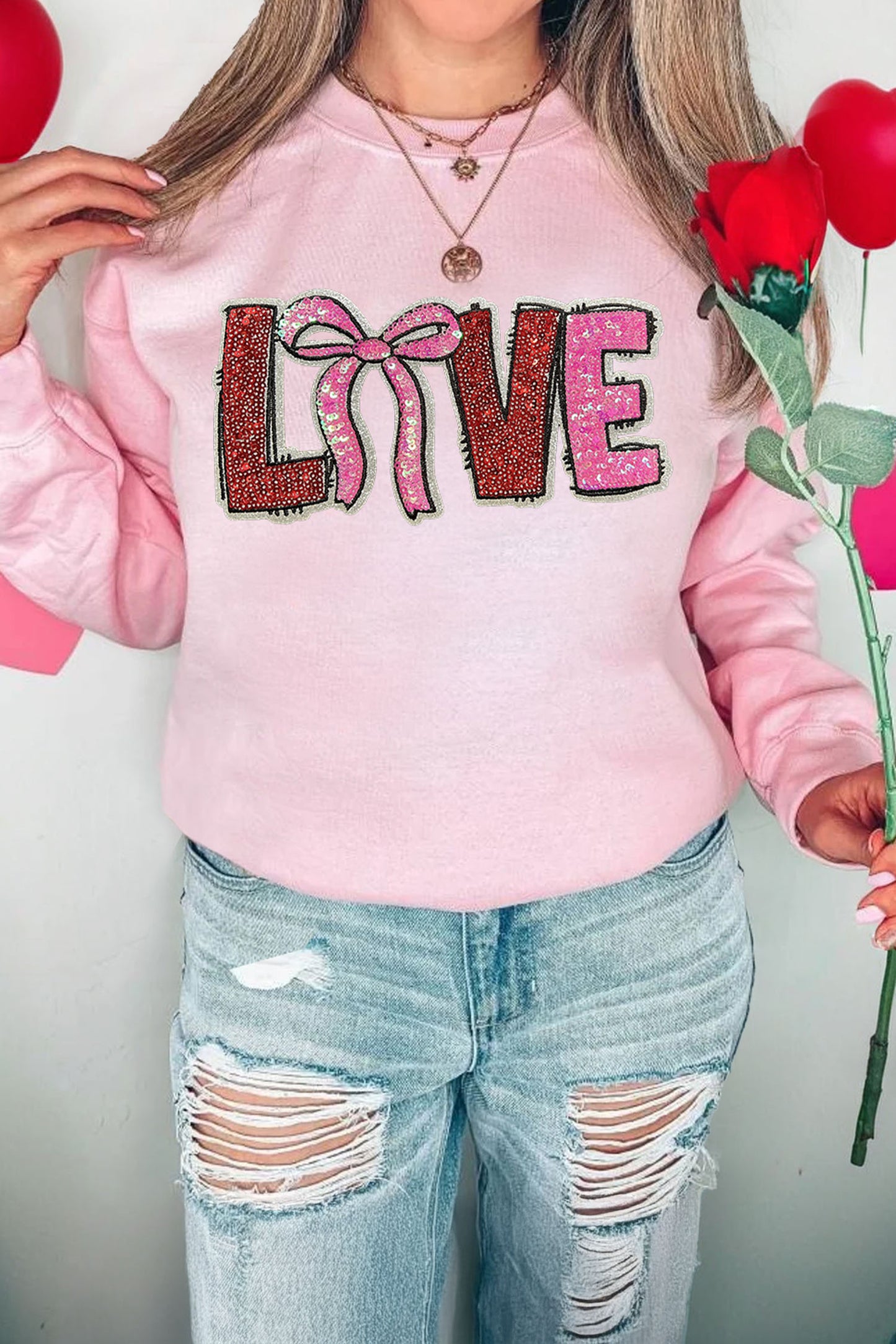 Pink Bow Love Sequin Pattern Valentine Sweatshirt