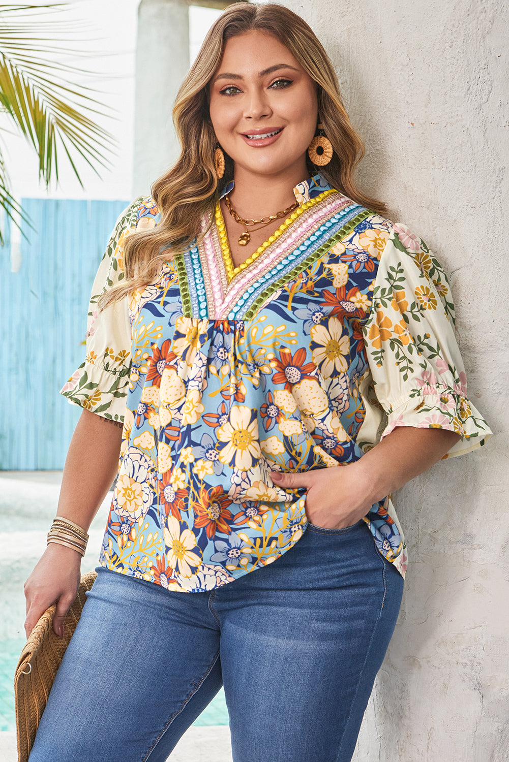 Multicolour Plus Size Floral Print Woven V Neck Half Sleeve Blouse-Plus Size/Plus Size Tops/Plus Size Blouses & Shirts-[Adult]-[Female]-2022 Online Blue Zone Planet