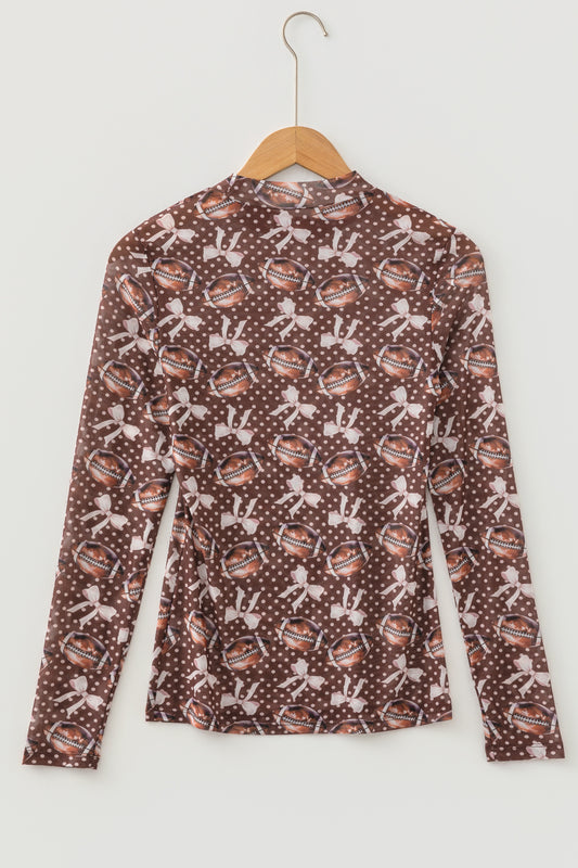 Brown Polka Dot Bow Printed Game Day Vibes Mesh Long Sleeve Top-Tops/Long Sleeve Tops-[Adult]-[Female]-2022 Online Blue Zone Planet
