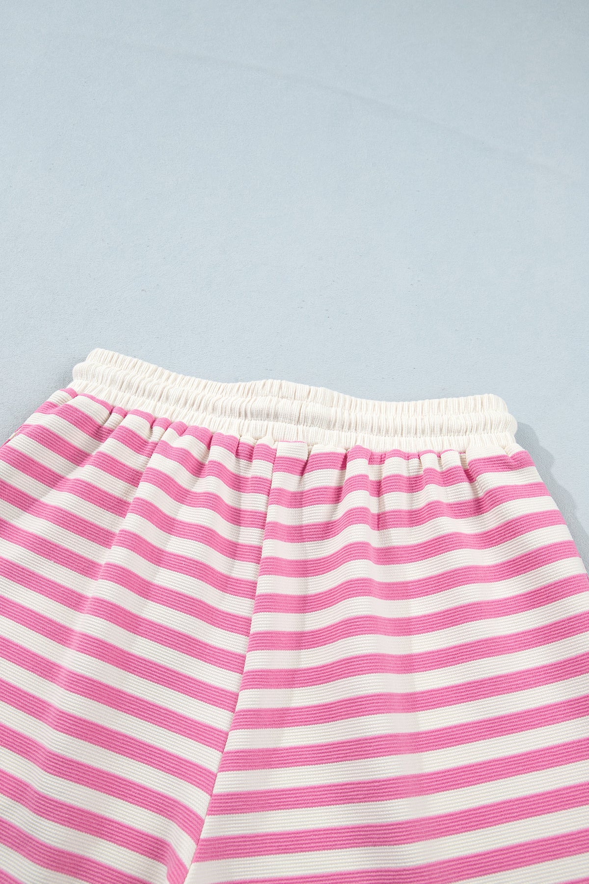Pink Striped Long Sleeve Crew Neck Drawstring Waist Shorts Set-Two Piece Sets/Short Sets-[Adult]-[Female]-2022 Online Blue Zone Planet