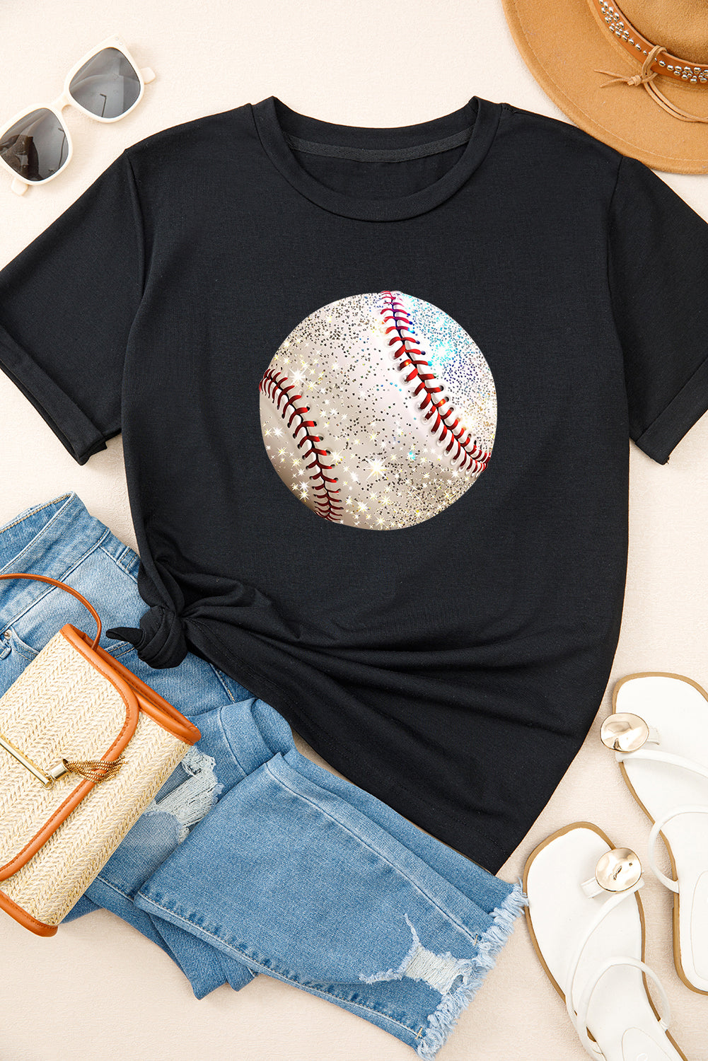 Black Heat Transfer Baseball Print Cotton Blend T Shirt-Graphic/Graphic Tees-[Adult]-[Female]-2022 Online Blue Zone Planet