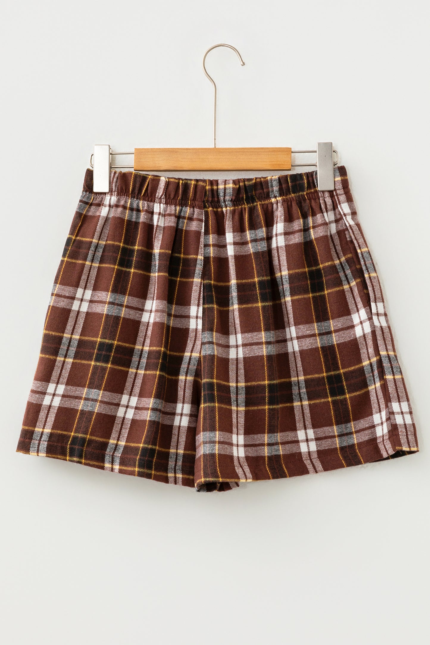 Brown Plaid Button Front Elastic Waist Shorts-Bottoms/Casual Shorts-[Adult]-[Female]-2022 Online Blue Zone Planet