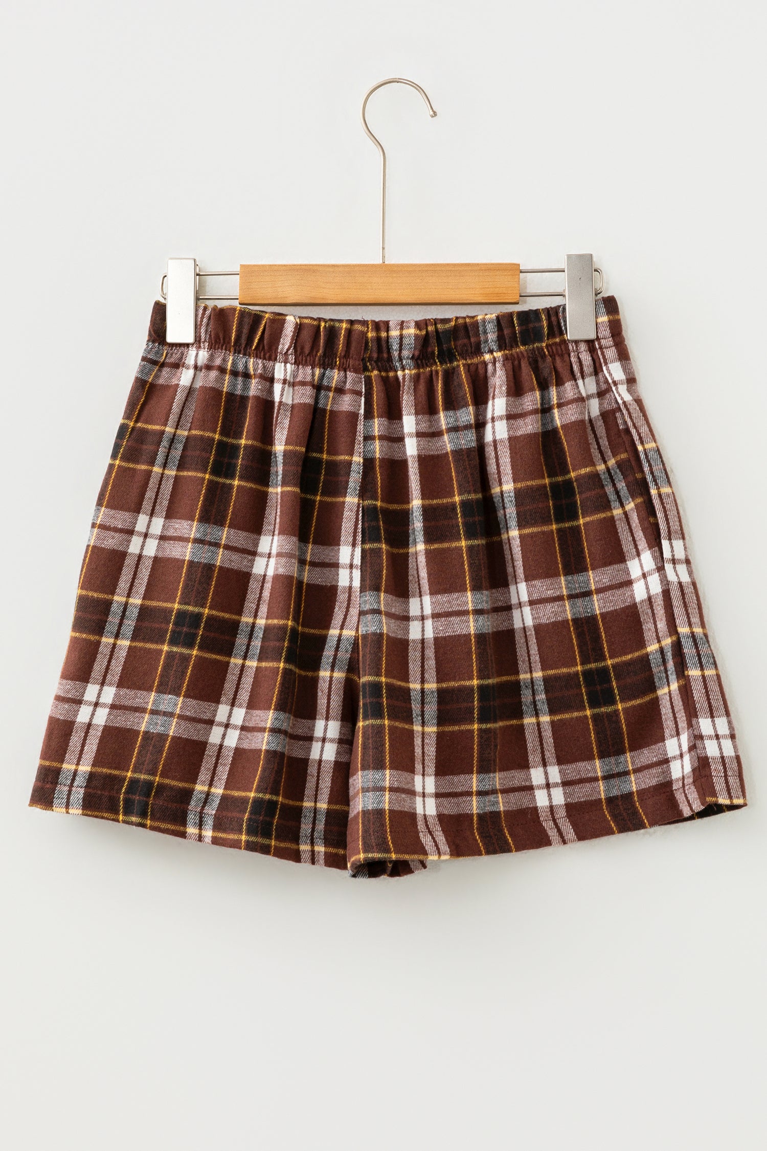 Brown Plaid Button Front Elastic Waist Shorts-Bottoms/Casual Shorts-[Adult]-[Female]-2022 Online Blue Zone Planet