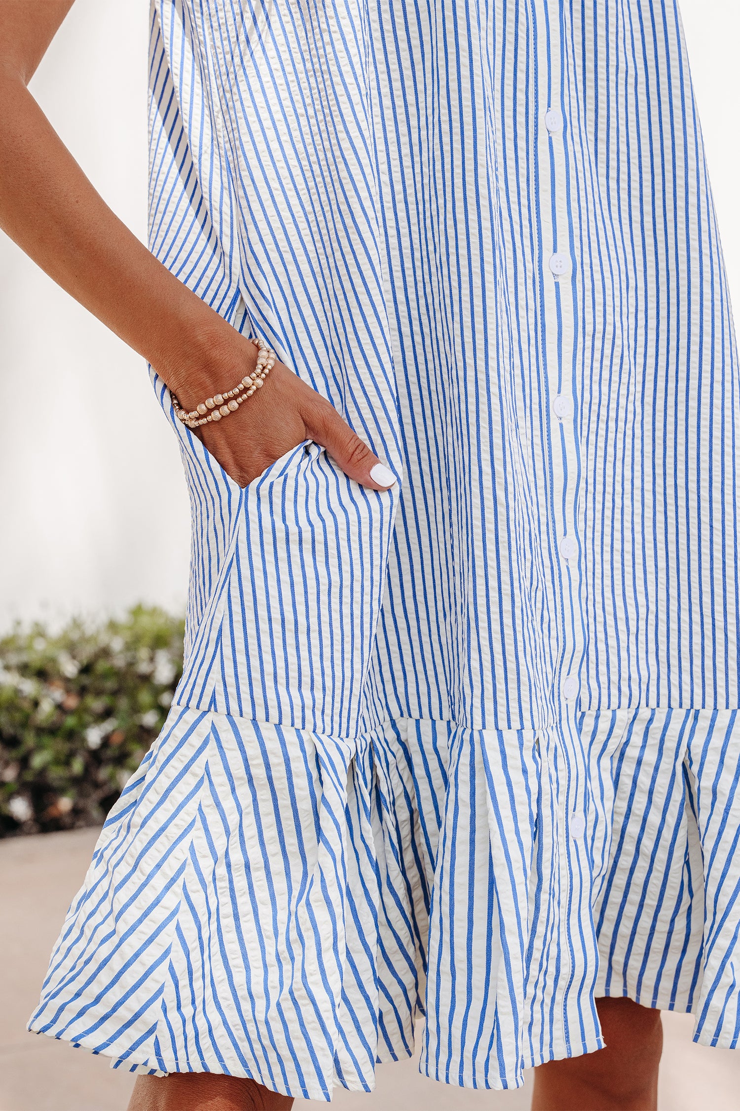 Sky Blue Stripe Shirt Collar Shirred Detail Ruffle Hem Sleeveless Dress-TOPS / DRESSES-[Adult]-[Female]-2022 Online Blue Zone Planet