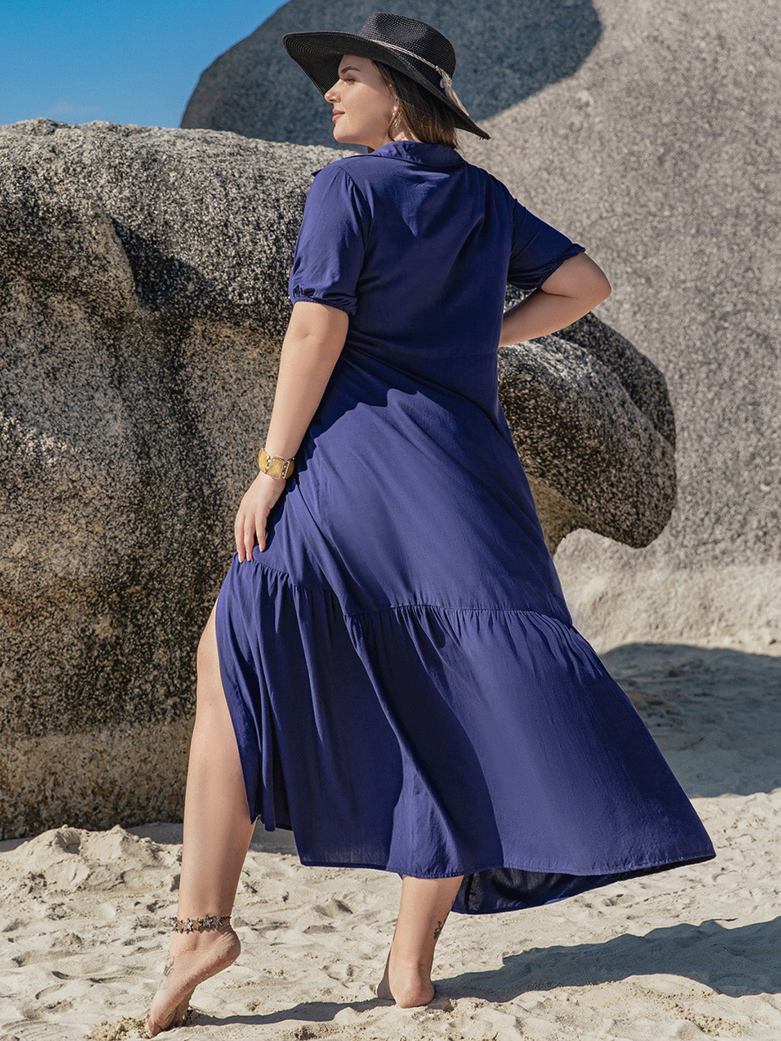 Blue Zone Planet | Plus Size Collared Neck Short Sleeve Midi Dress-TOPS / DRESSES-[Adult]-[Female]-2022 Online Blue Zone Planet