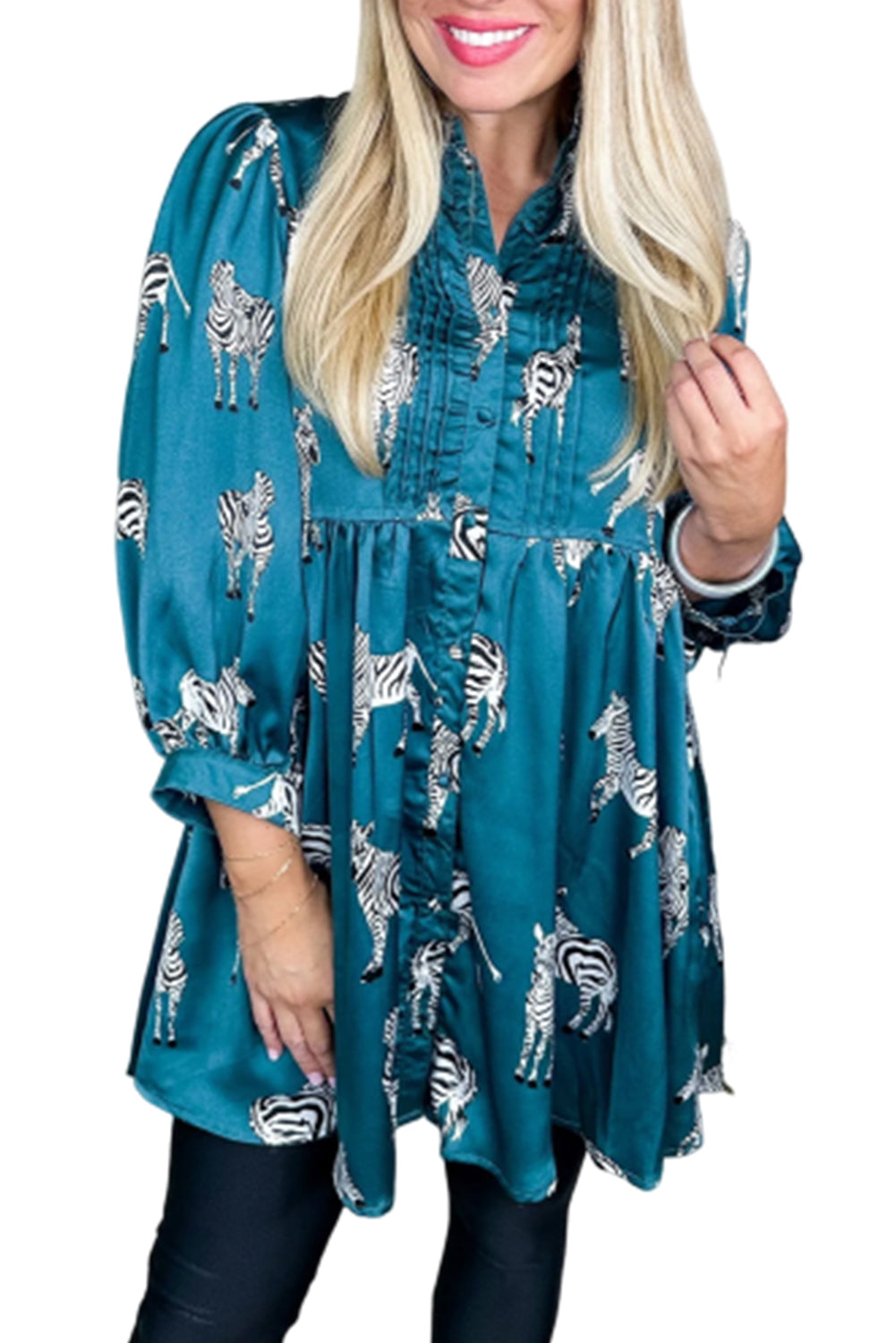 Blue Zone Planet | Blue Printed Zebra Pattern Pleated Shirt Tunic Dress-TOPS / DRESSES-[Adult]-[Female]-2022 Online Blue Zone Planet