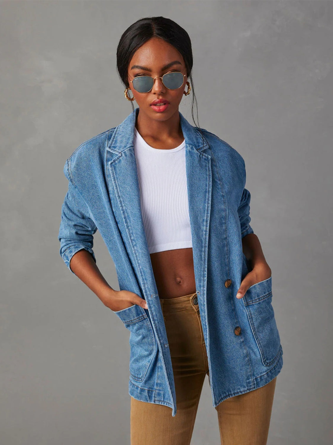 Collared Neck Long Sleeve Denim Jacket-TOPS / DRESSES-[Adult]-[Female]-2022 Online Blue Zone Planet