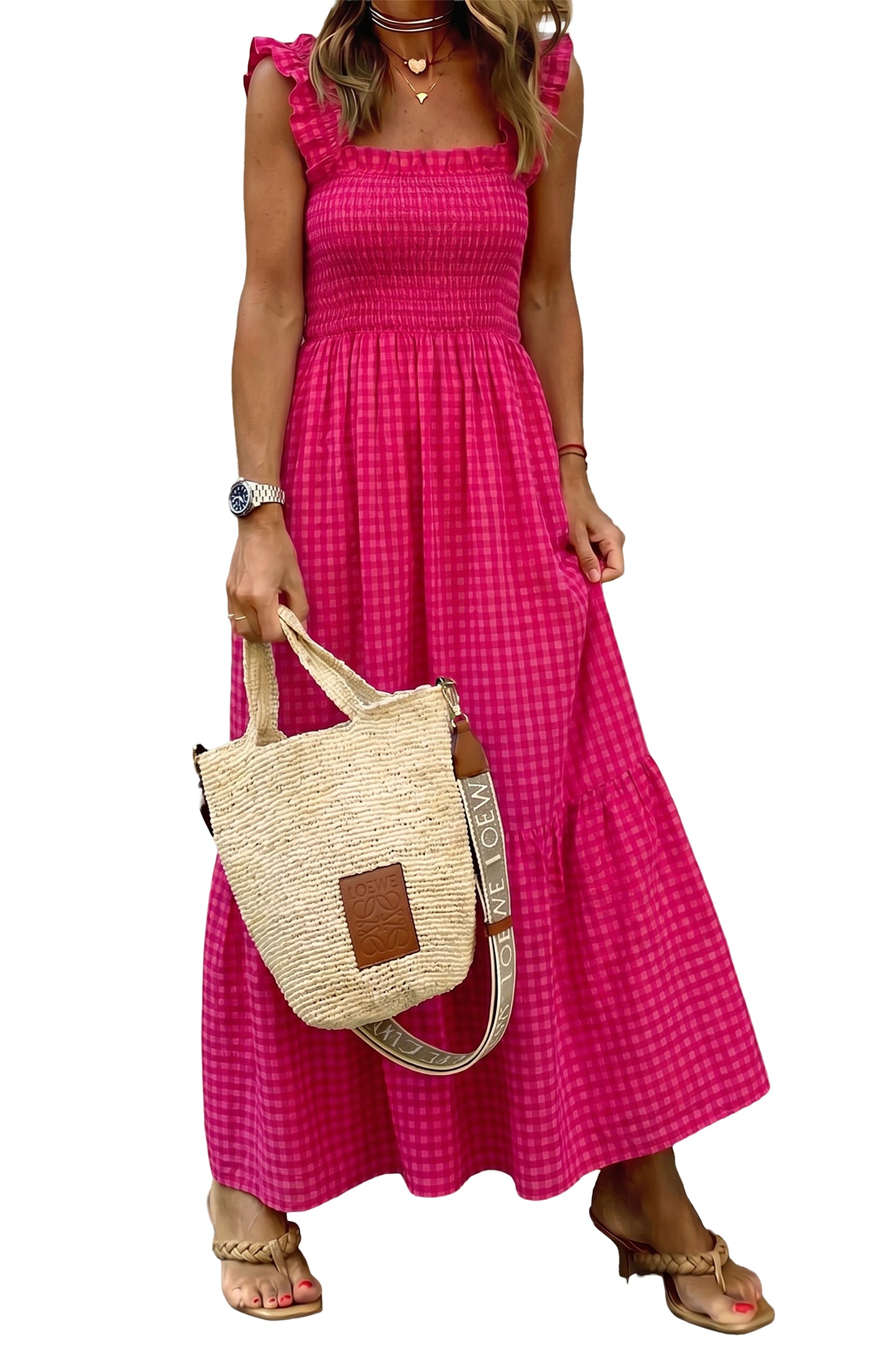 Red Plaid Square Neck Fit-and-flared Vacation Sundress-TOPS / DRESSES-[Adult]-[Female]-2022 Online Blue Zone Planet