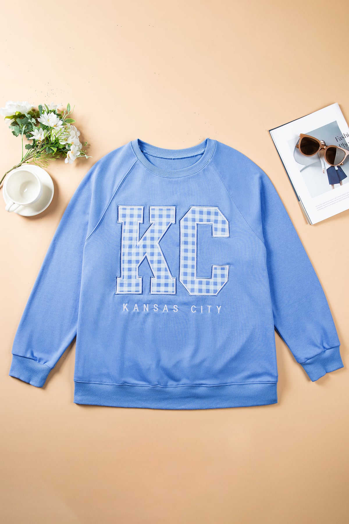 Dusk Blue Floral Letter Print Loose Fit Long Sleeve Round Neck Plus Size Sweatshirt