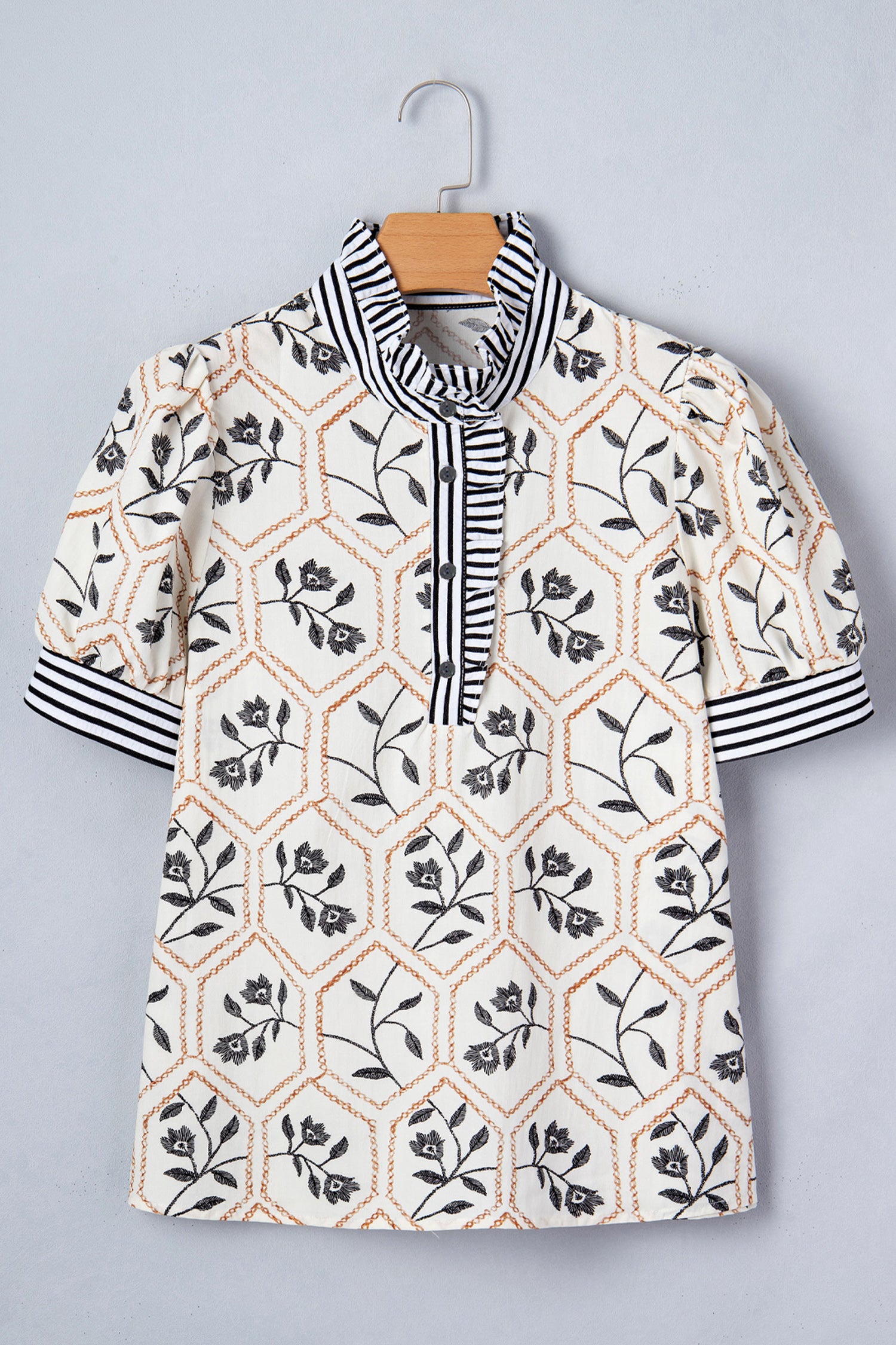 White Floral Print Striped Patchwork Button Neck Short Sleeve Blouse-Tops/Blouses & Shirts-[Adult]-[Female]-2022 Online Blue Zone Planet