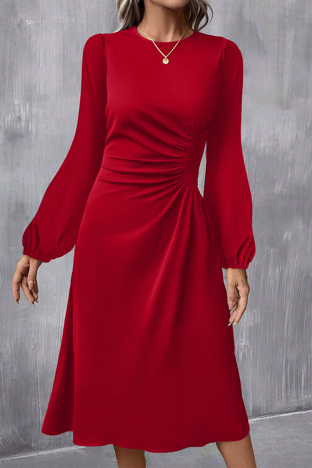 Fiery Red Solid Color Ruched Detail Long Sleeve Midi Dress-TOPS / DRESSES-[Adult]-[Female]-Fiery Red-S-2022 Online Blue Zone Planet
