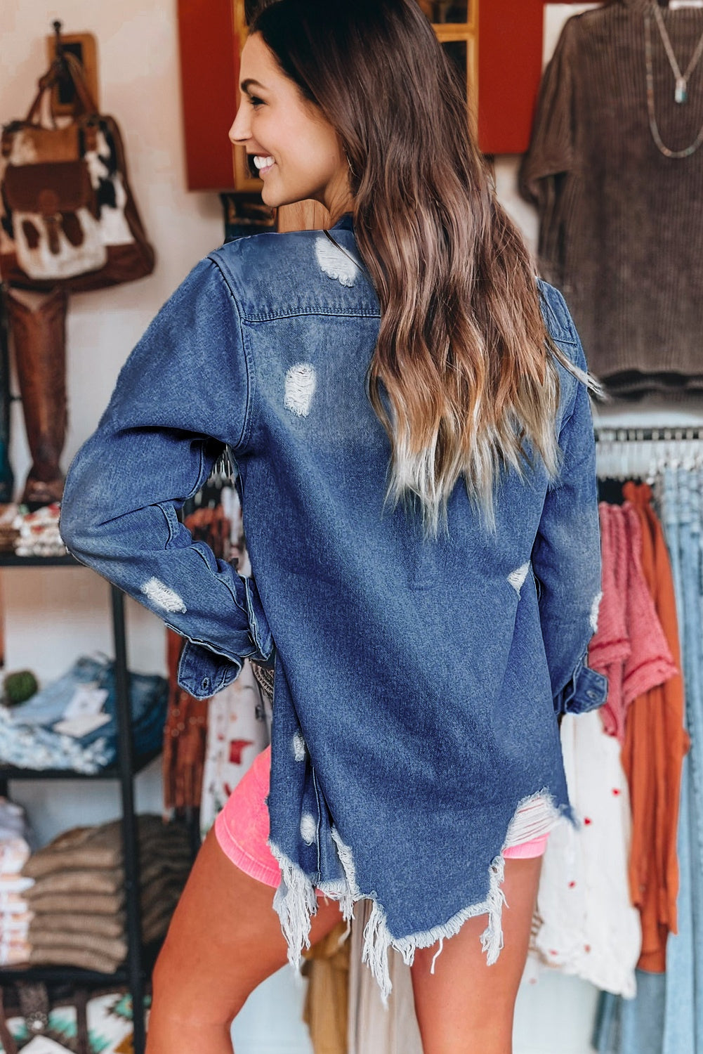 Blue Zone Planet | Sky Blue Light Wash Distressed Frayed Long Denim Jacket-Outerwear/Denim jackets-[Adult]-[Female]-2022 Online Blue Zone Planet